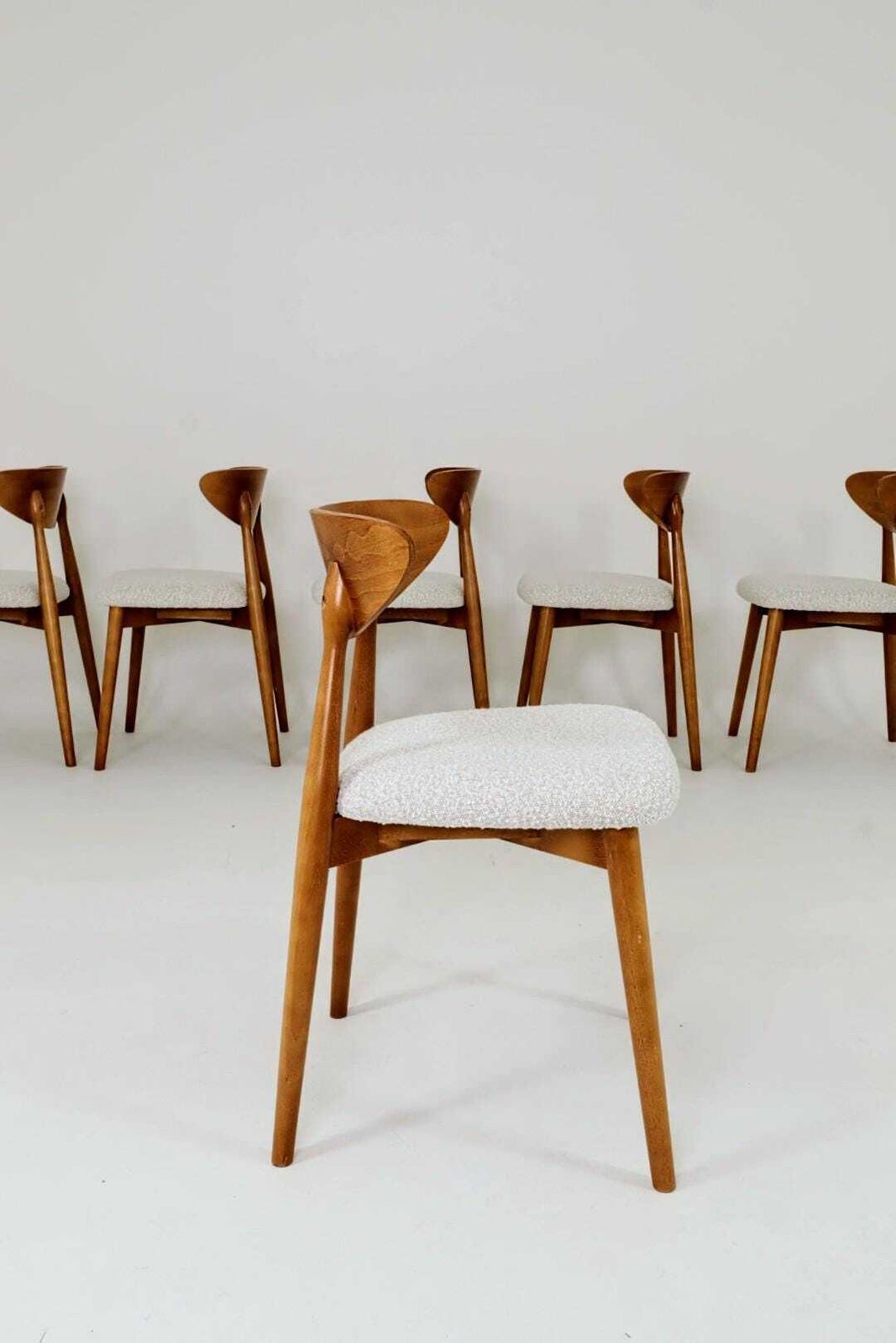 Set Of 6 Dining Chairs, Light Beech Wood, White Bouclè Fabric, Modern Design photo for sale
