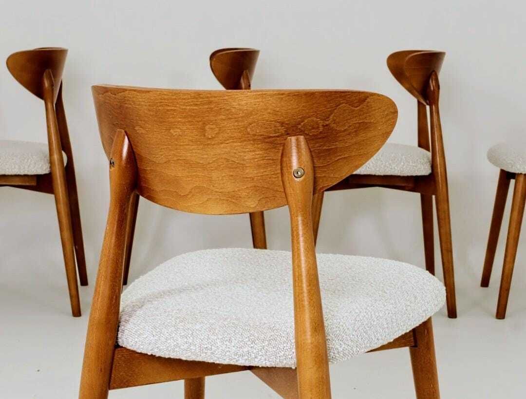 Set Of 6 Dining Chairs, Light Beech Wood, White Bouclè Fabric, Modern Design photo 1199.0