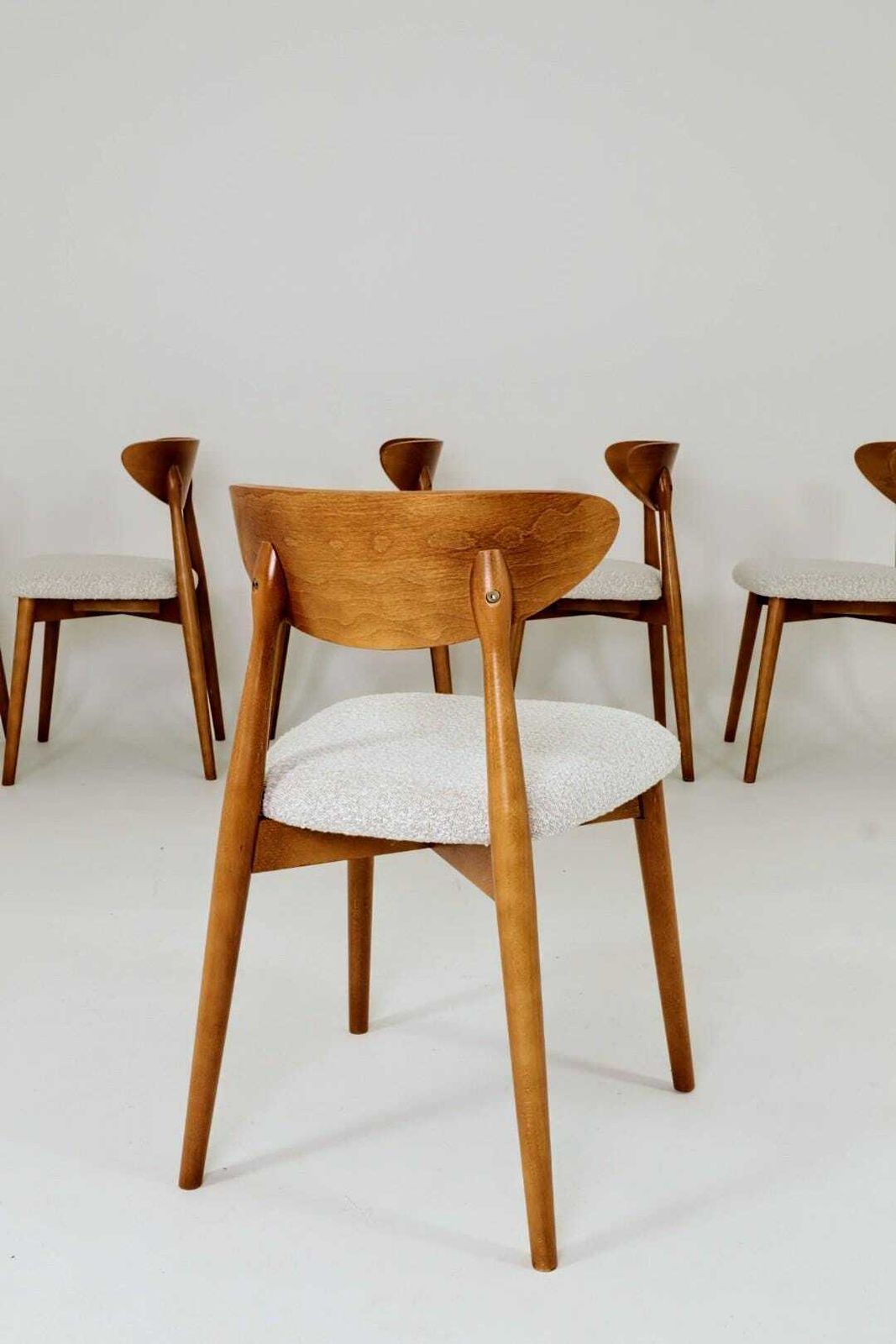Set Of 6 Dining Chairs, Light Beech Wood, White Bouclè Fabric, Modern Design photo buy