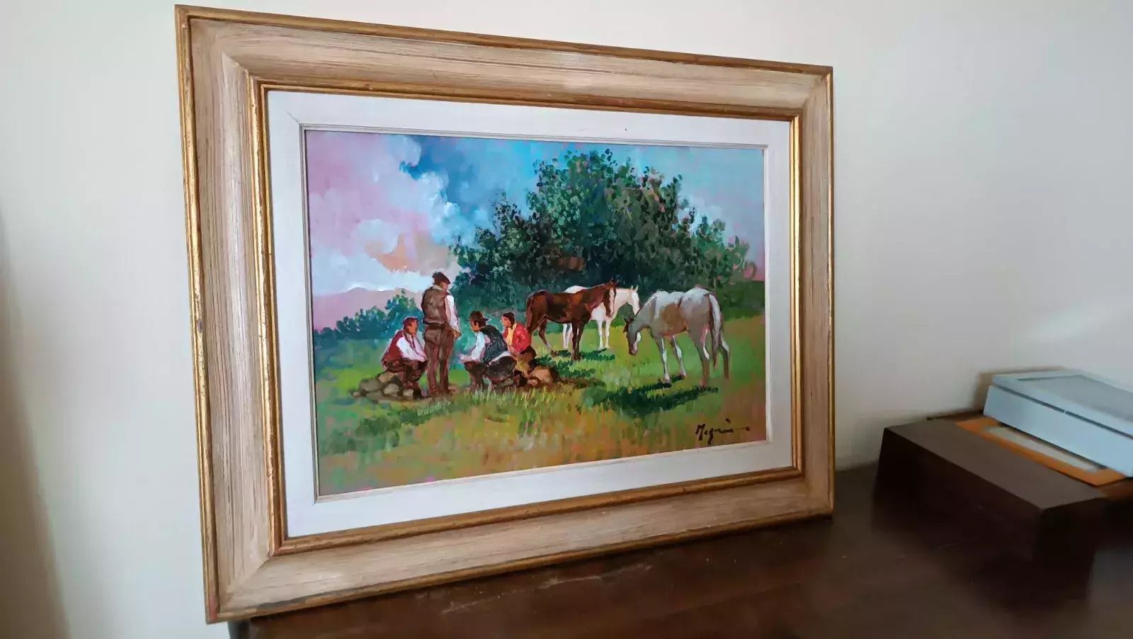 Oil Painting Country Landscape Horses Fausto Magni ( Florence 1906 1985 )
