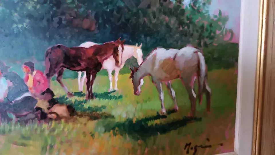 Oil Painting Country Landscape Horses Fausto Magni ( Florence 1906 1985 ) photo Art