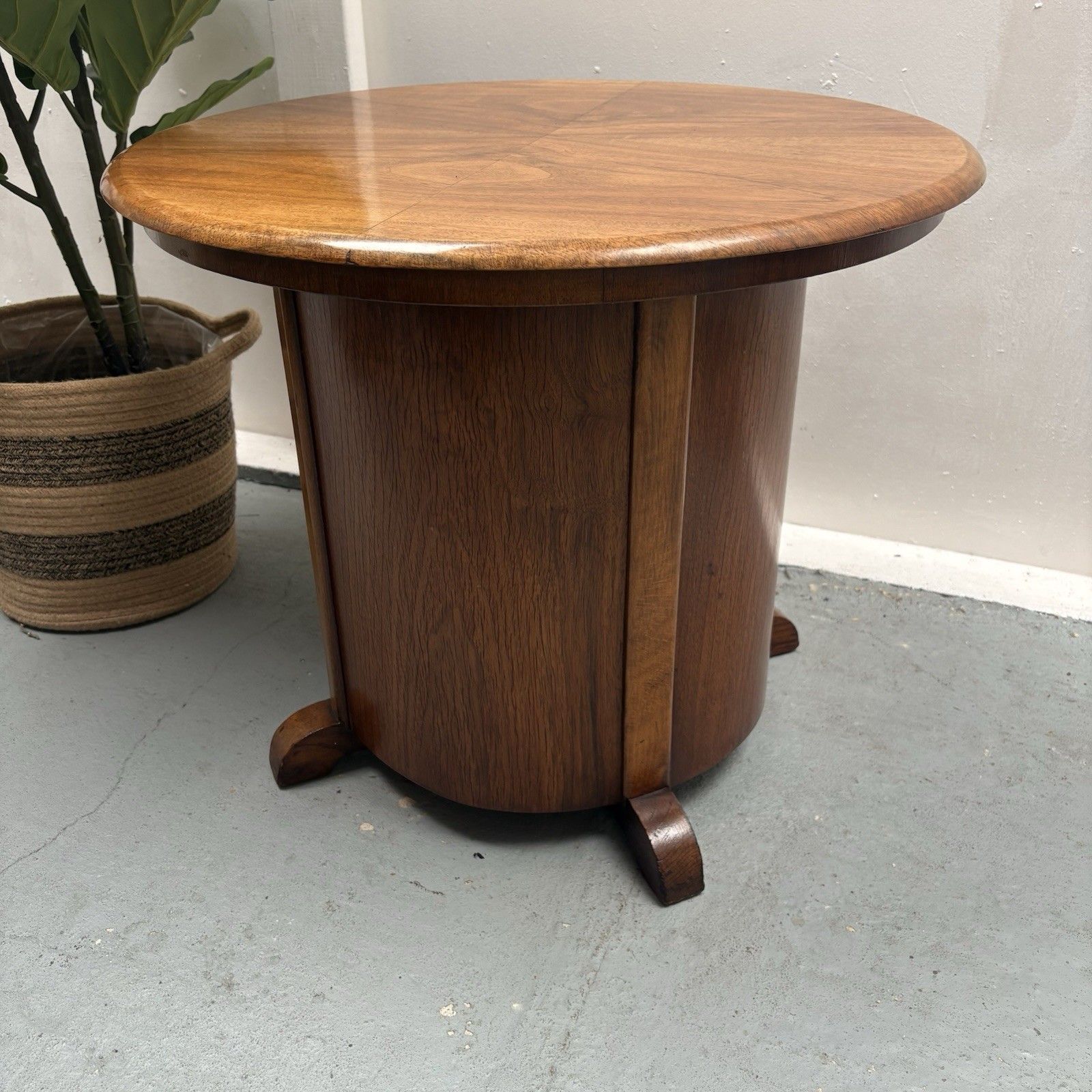 Art Deco Matched Walnut Veneer Barrel Pedestal Coffee Side Table