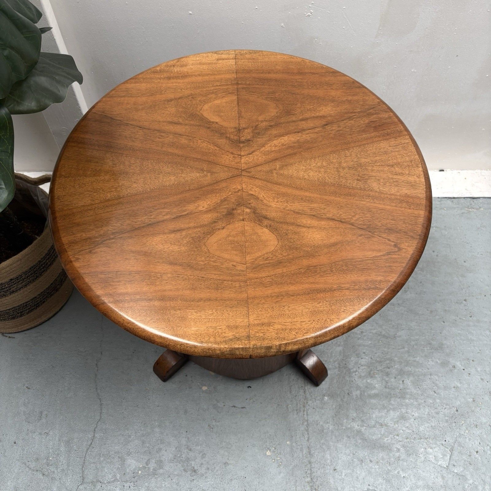 Art Deco Matched Walnut Veneer Barrel Pedestal Coffee Side Table photo for sale