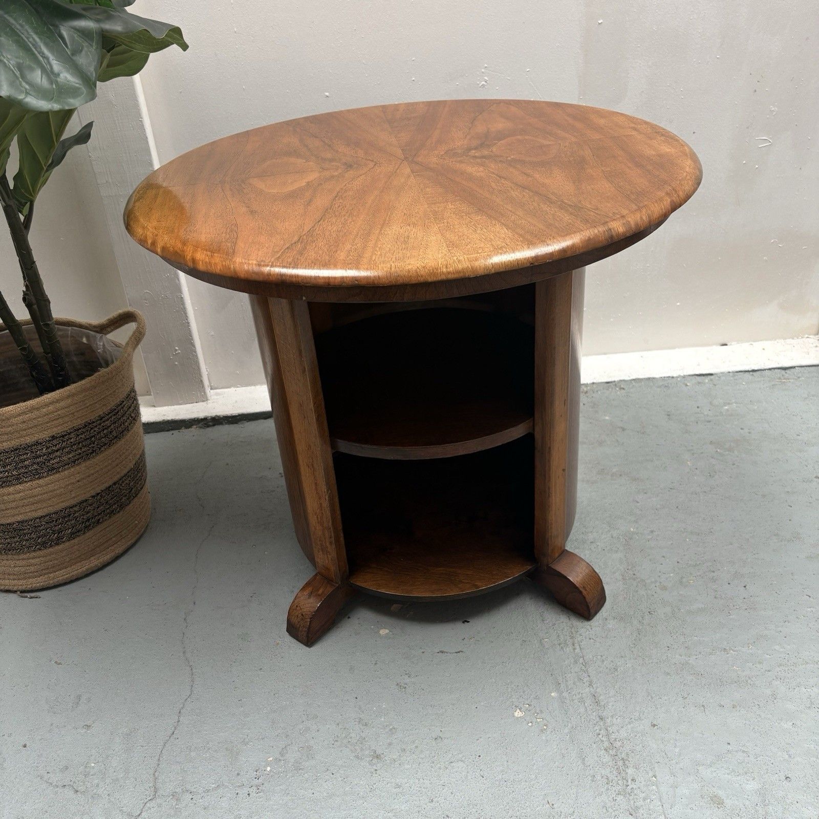 Art Deco Matched Walnut Veneer Barrel Pedestal Coffee Side Table photo 480.0