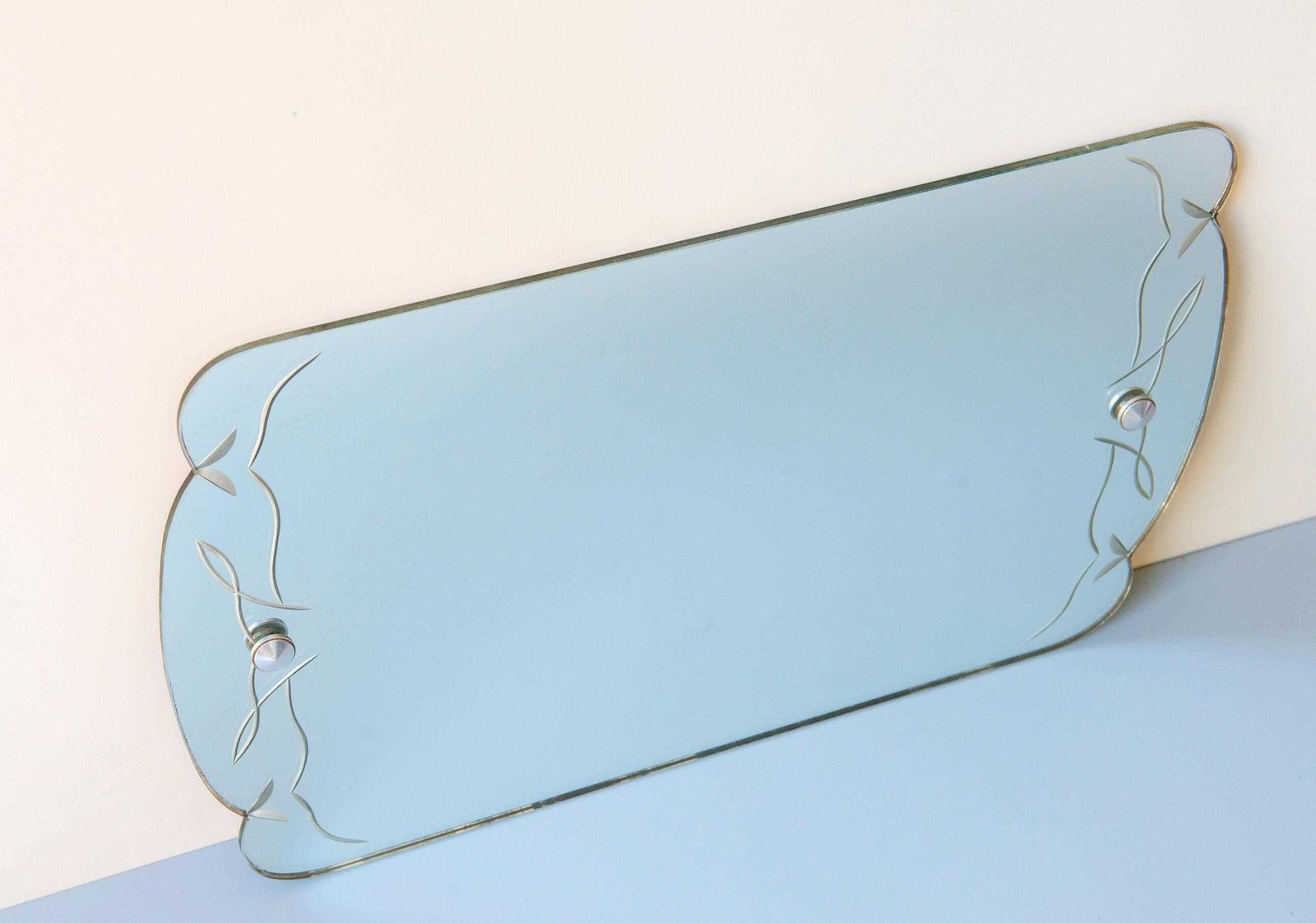 Antique Frameless Mirror, Art Deco, Horizontal Wall Mirror, Etched Glass, Mantle Mirror, Rustic Home Decor photo furniture
