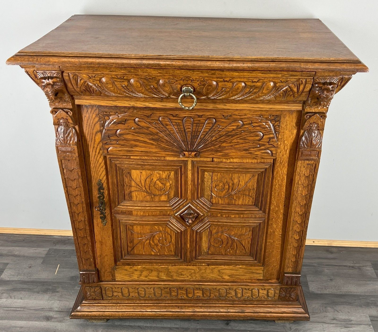 Cabinet Antique French Oak Carved Lion Mask Detail Cupboard With Key Lot 4053 photo furniture