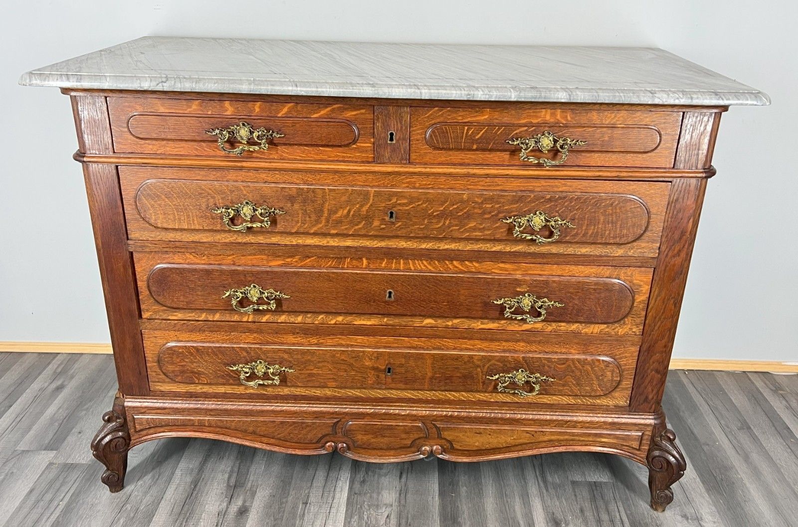 Chest Of Drawers Antique French Style Marble Top Brass Oak Cabinet Lot 4052