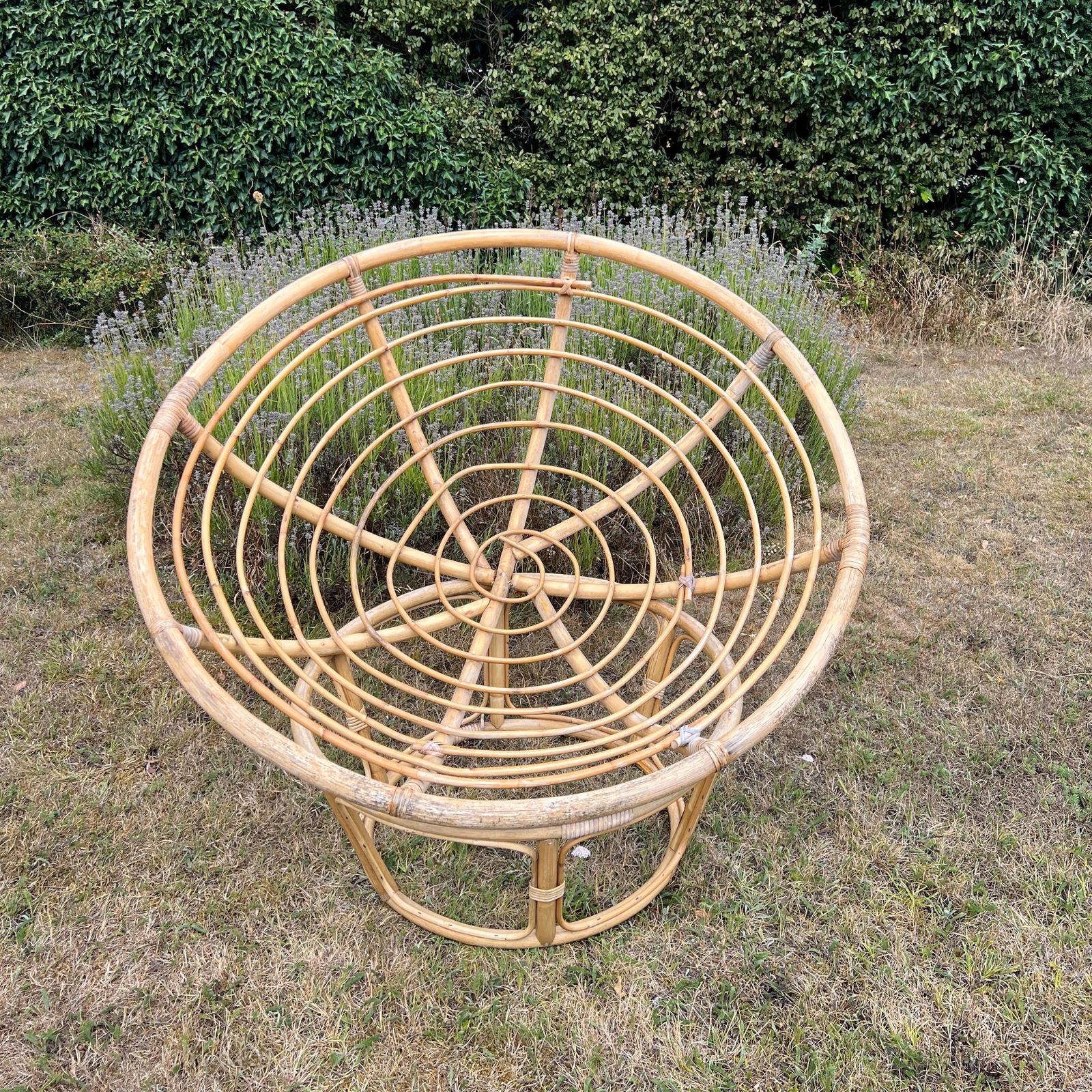 Vintage Bamboo Papasan Chair, Mid Century Cane Moon Lounge Easy Chair, Boho Tiki Retro photo furniture