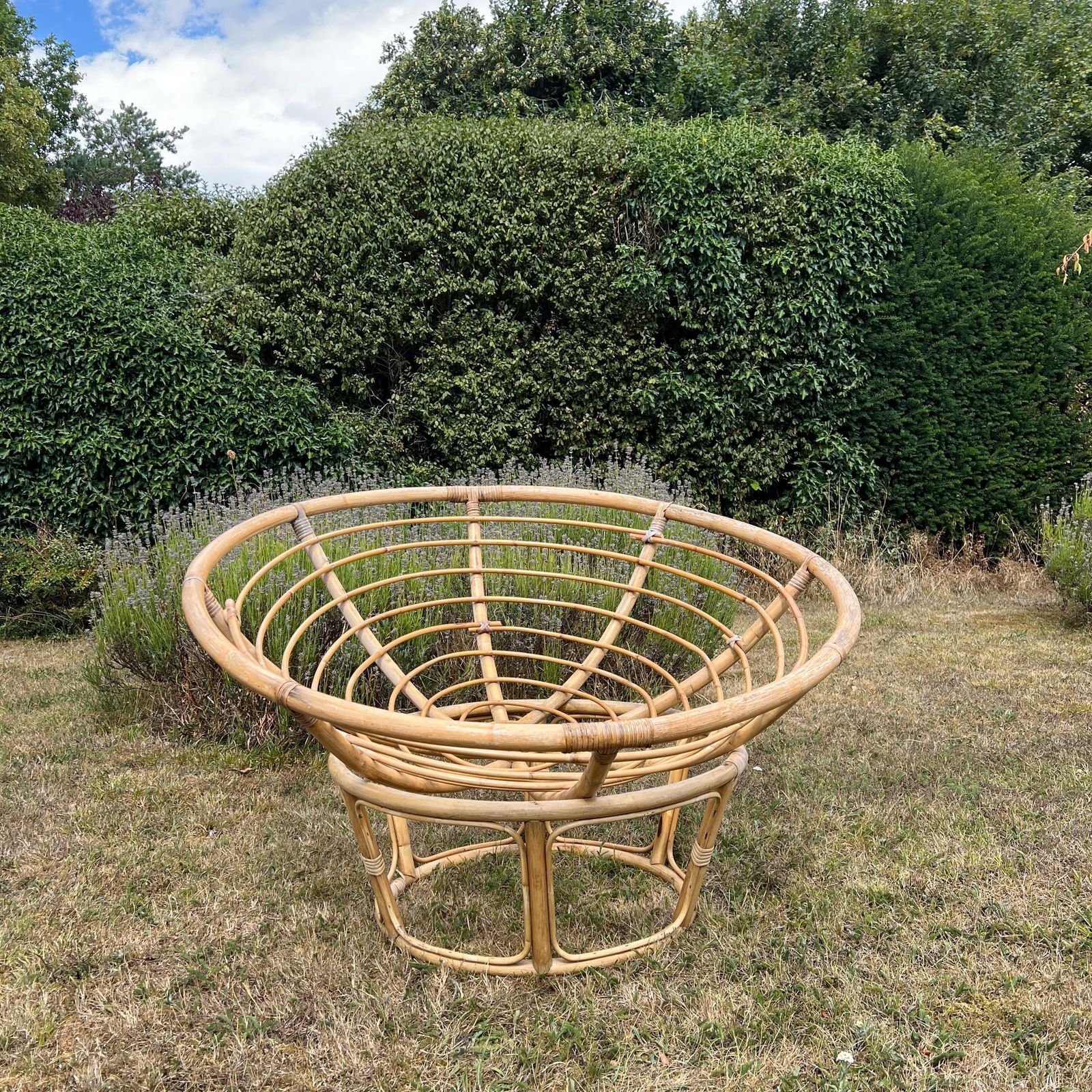 Vintage Bamboo Papasan Chair, Mid Century Cane Moon Lounge Easy Chair, Boho Tiki Retro photo for sale