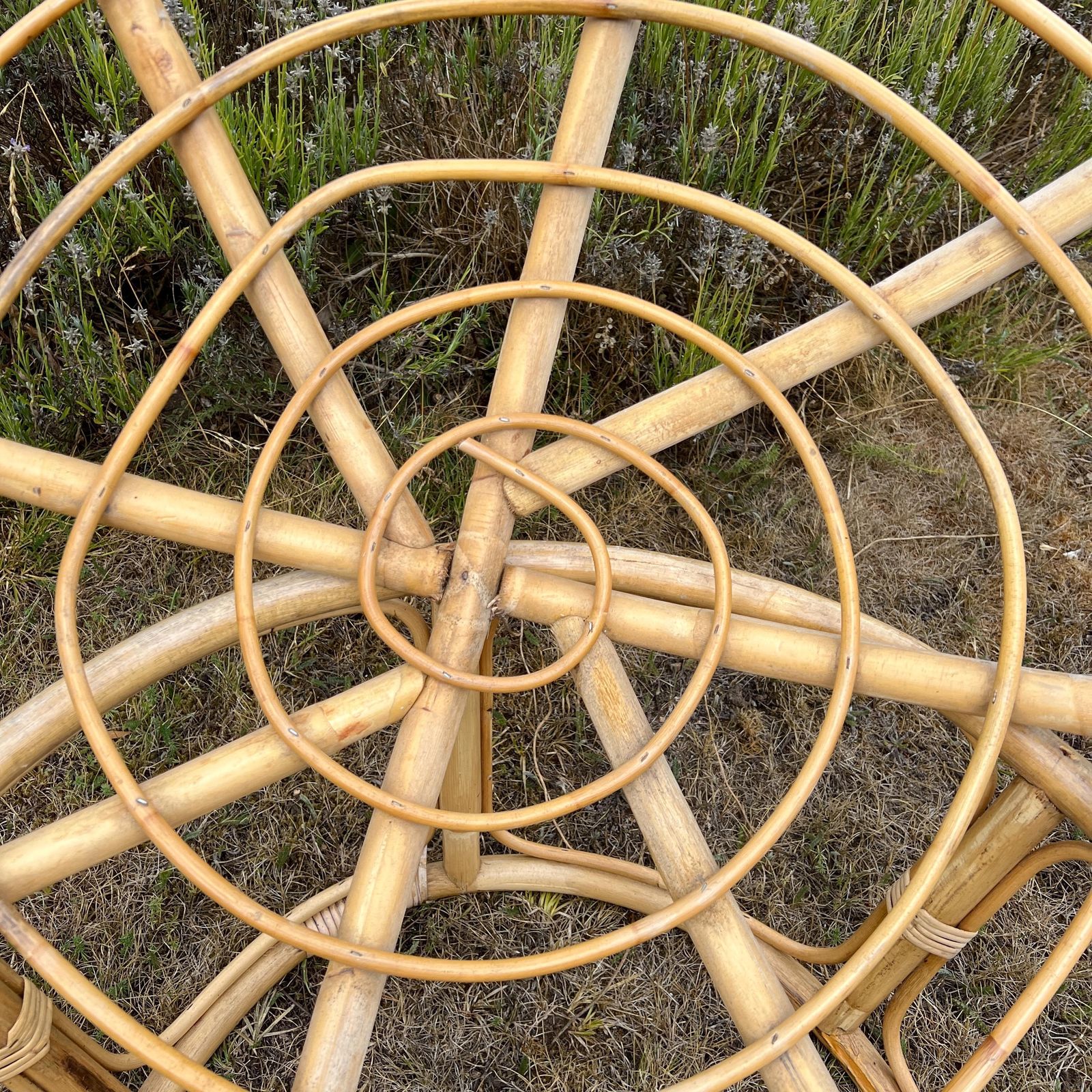photo furniture Vintage Bamboo Papasan Chair, Mid Century Cane Moon Lounge Easy Chair, Boho Tiki Retro