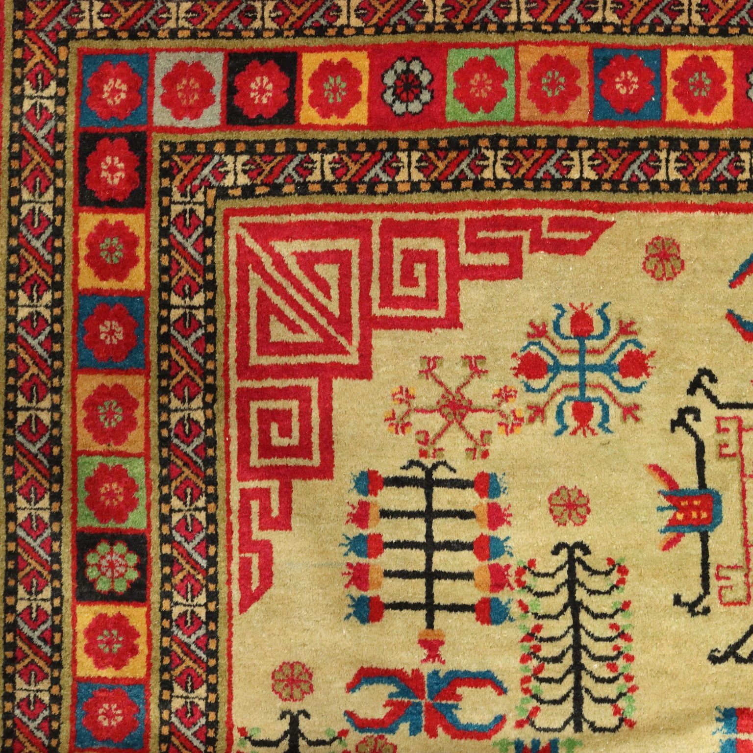 Antique Samarkanda Carpet Cotton Wool Thin Knot Uzbekistan photo vinterior