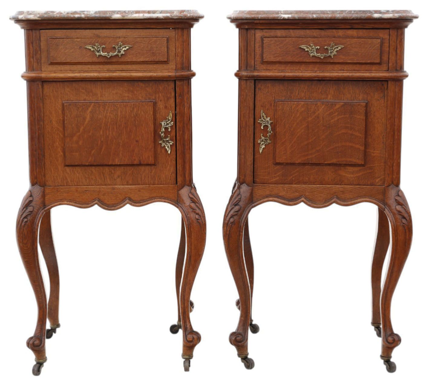 Antique C.1910 Oak Pair Of Marble Top Bedside Tables – Fine Quality Nightstands