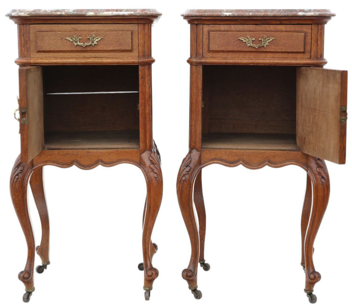 Antique C.1910 Oak Pair Of Marble Top Bedside Tables – Fine Quality Nightstands photo for sale