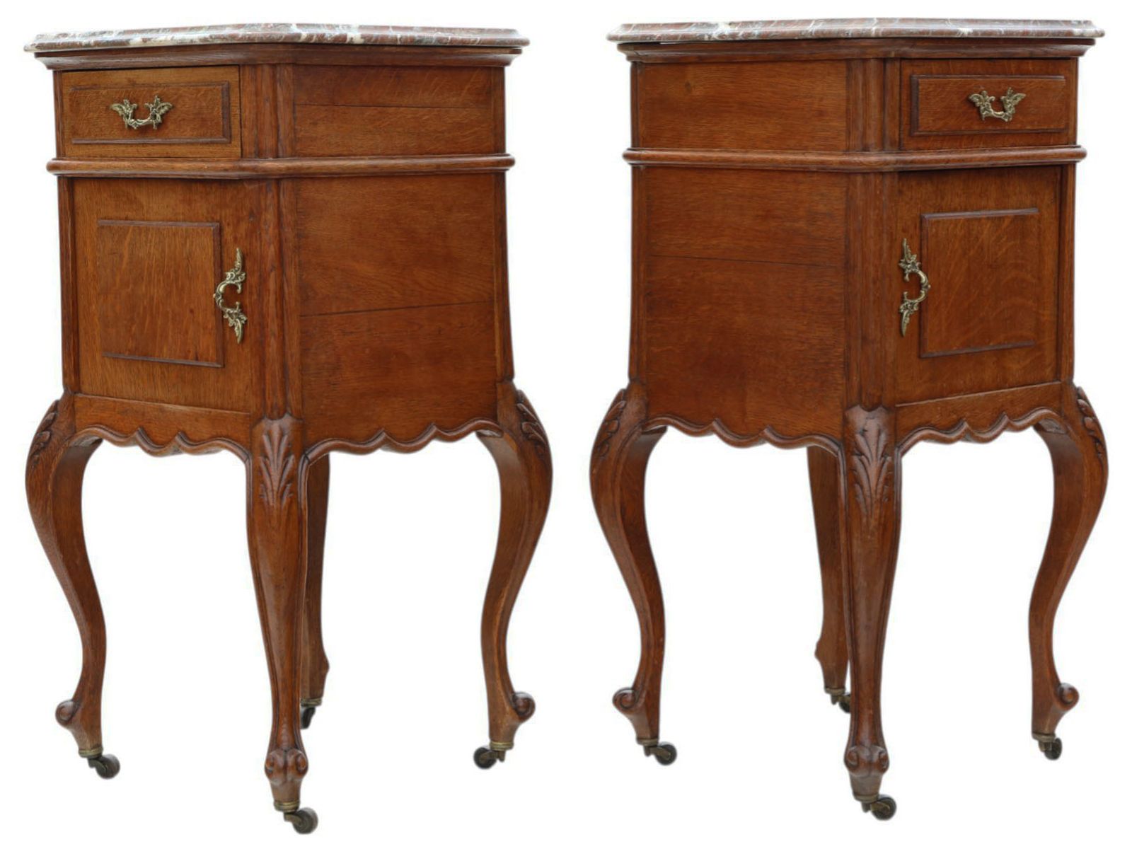 Antique C.1910 Oak Pair Of Marble Top Bedside Tables – Fine Quality Nightstands photo Furniture