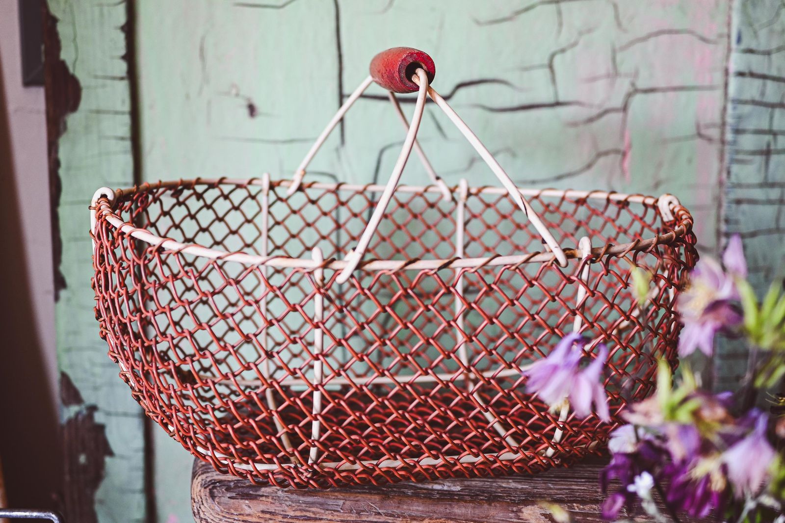 Rustic Red Wire Basket With Wooden Handle   Versatile Storage Solution For Home And Garden photo Home Decor