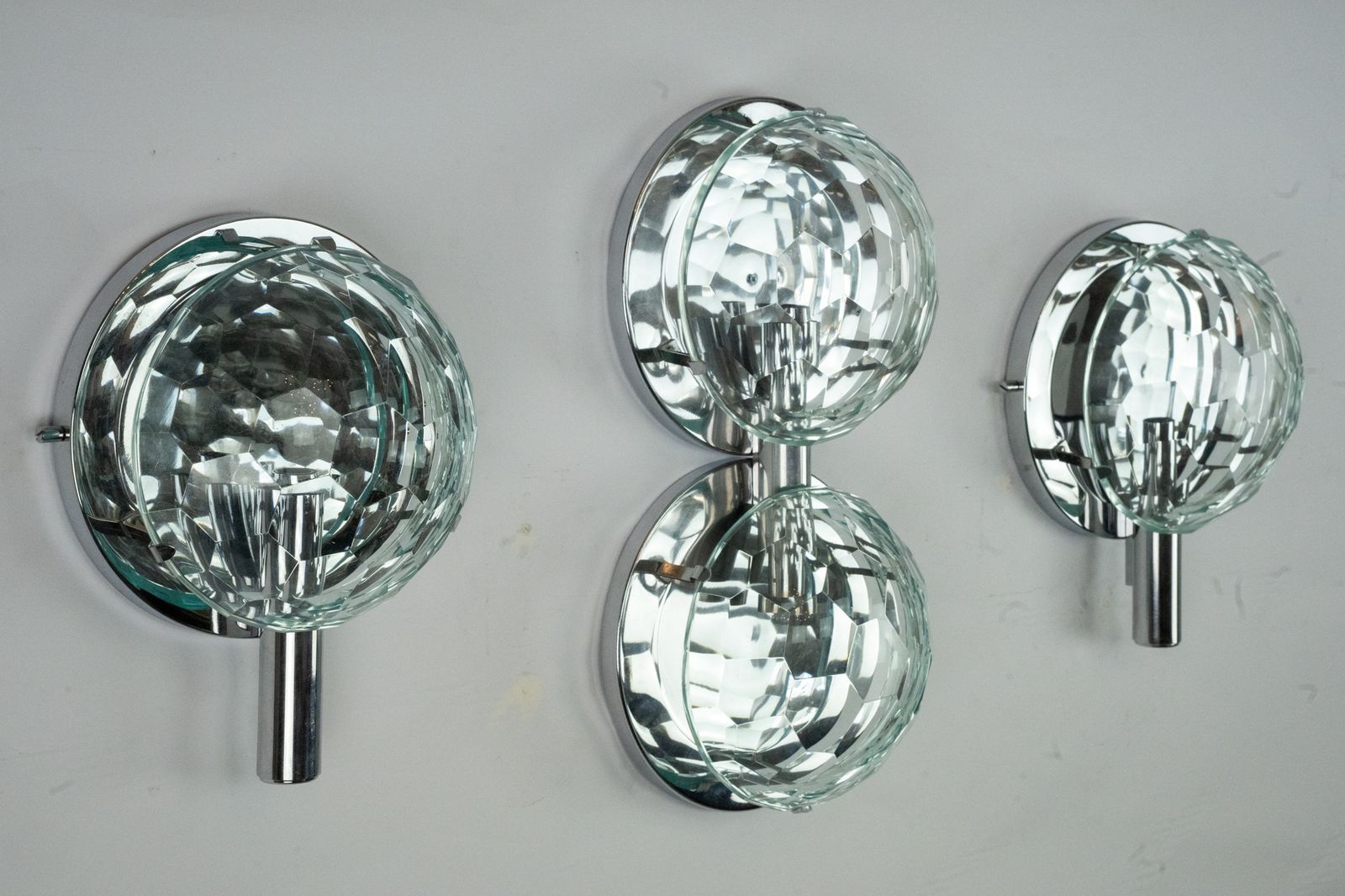Set Of Three Cristal Art Sconces In Chrome And Cut Glass. Italy 1970s photo for sale