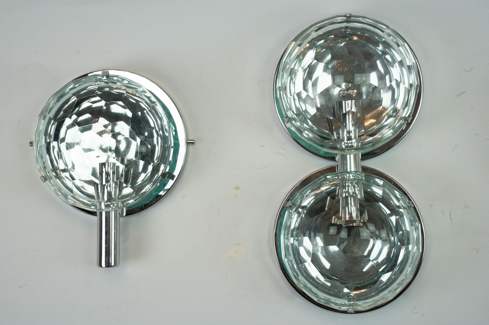 Set Of Three Cristal Art Sconces In Chrome And Cut Glass. Italy 1970s photo vintage