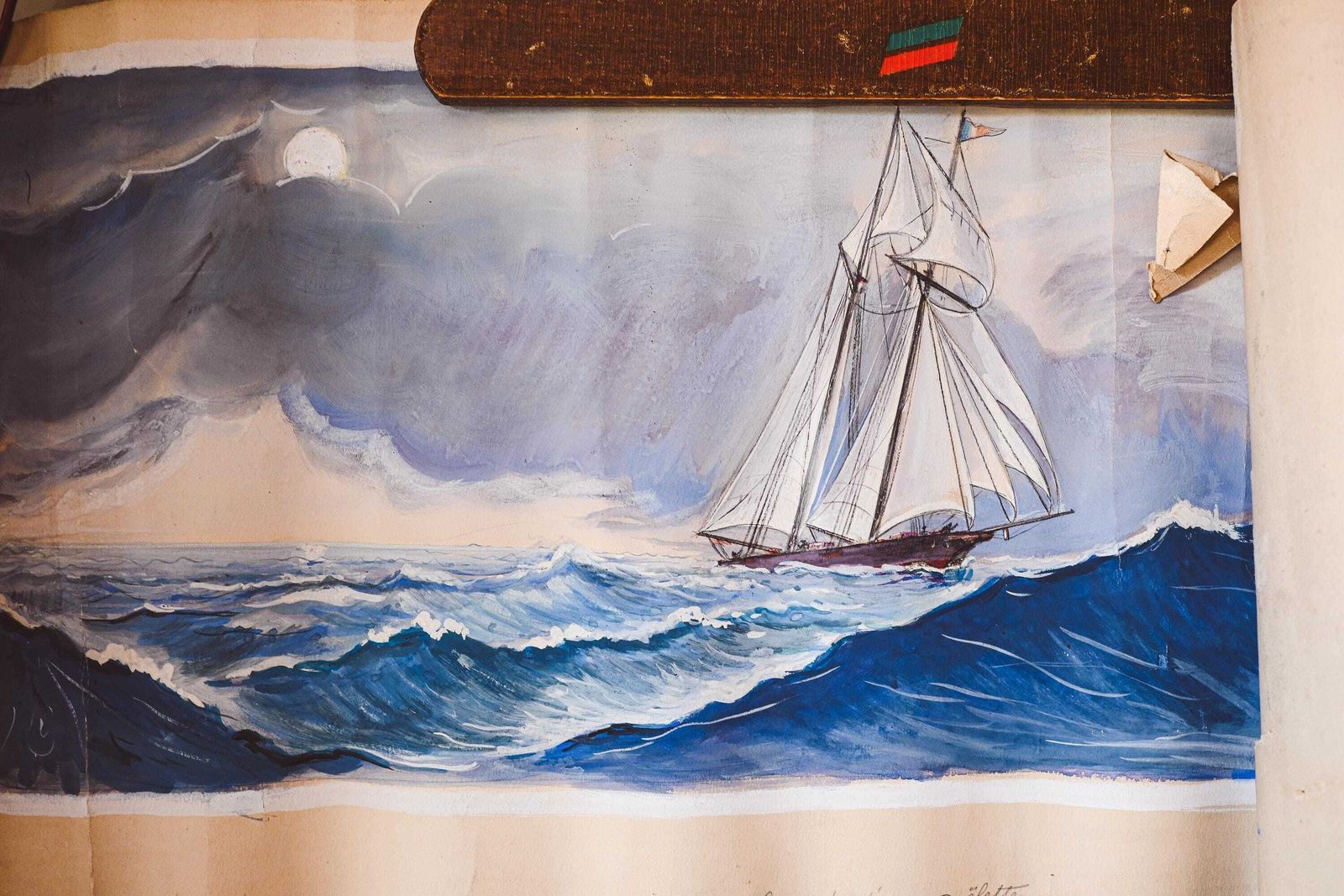 Original French Tempera Seascape: Schooner Braving Waves   Horizontal Maritime Artwork
