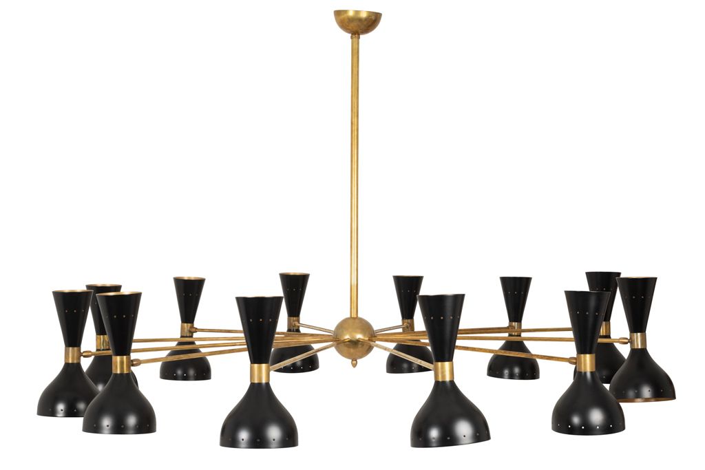 Diabolo Chandelier In Patinated Brass And Black Lacquer. Contemporary.