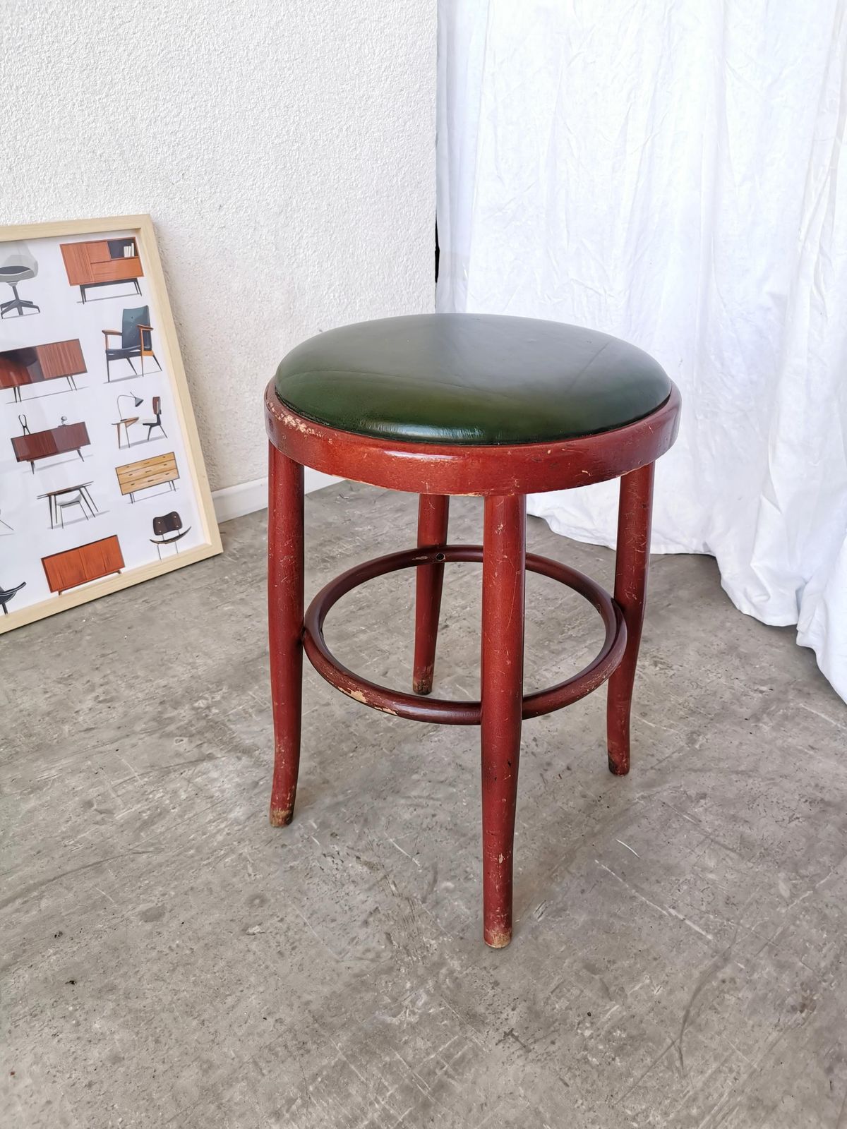 Vintage Wooden Irish Pub Stool With Green Leather Seat / 1970s / Thonet Style Small Bar Chairs With Bentwood Technique