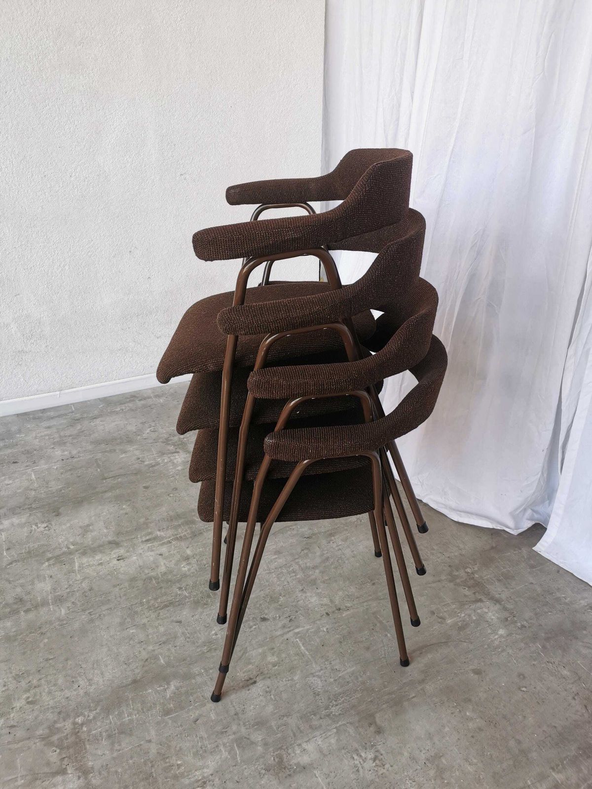 Set Of 4 Vintage Dining Armchairs / 1970s Yugoslavia / Niko Kralj For Stol Kamnik / Mid Century Scandinavian Brown Fabric Dine Chairs / 4455 photo for sale