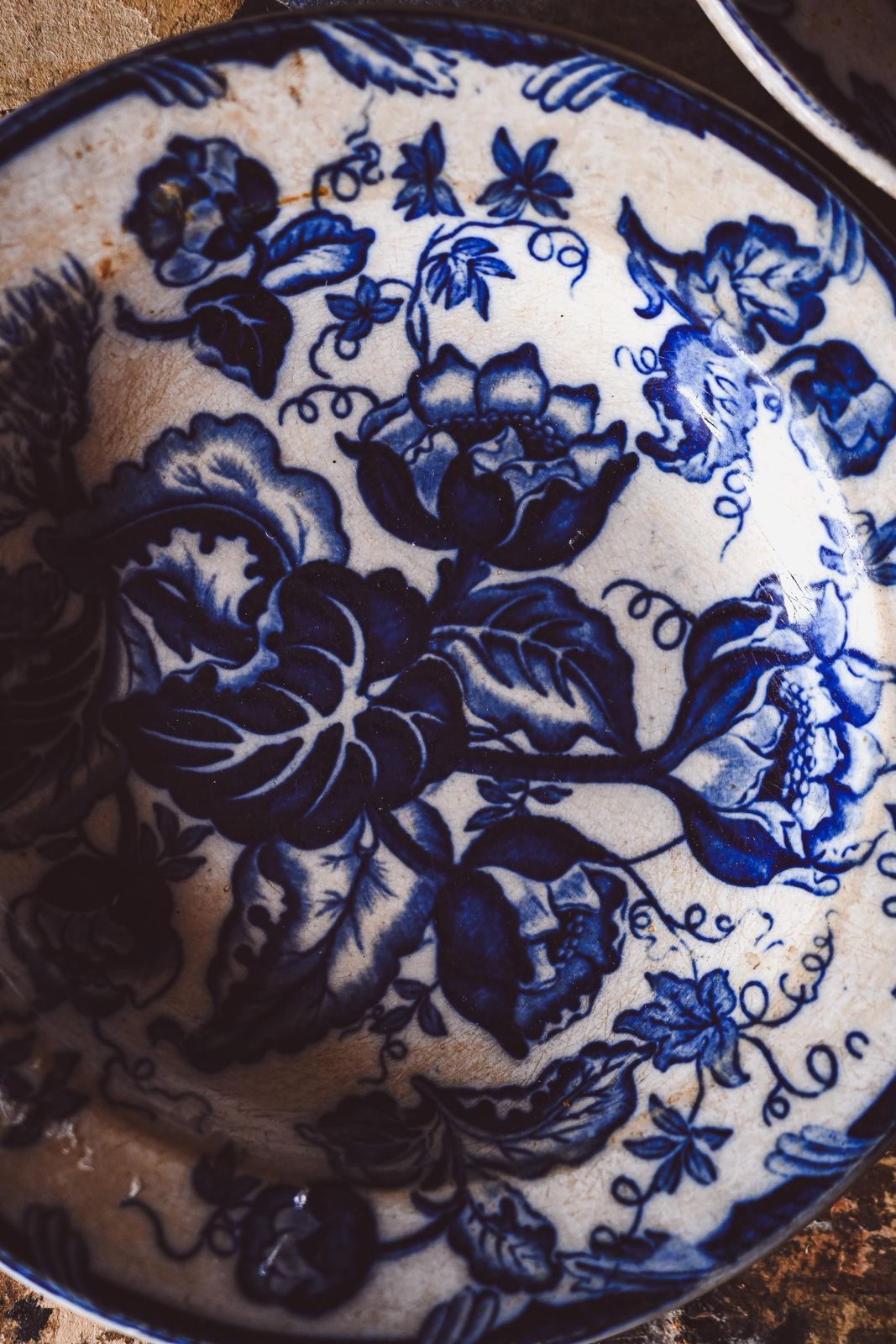 Antique Italian Blue Floral Plates With Intricate Details And Aged Patina   Antique Dining Decor photo for sale