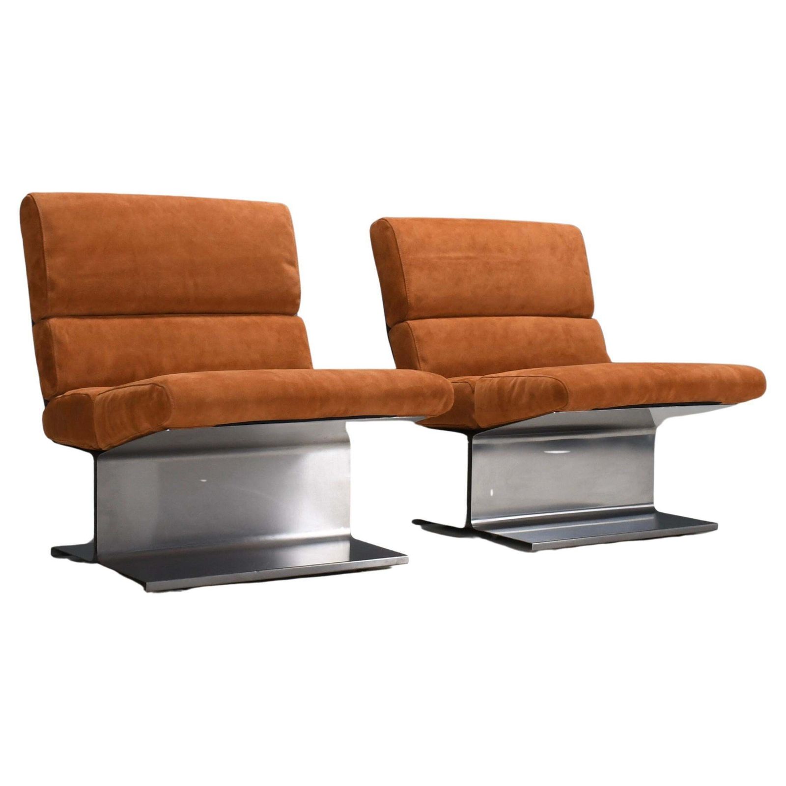 Very Rare Pair Of Leather And Steel Lounge Chairs By Paul Geoffroy For Uginox