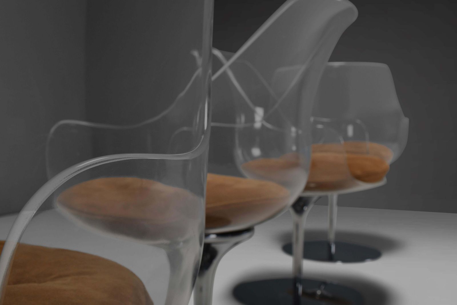 photo buy Set Of Four Champagne Chairs By Estelle & Erwine Laverne In Suede And Lucite