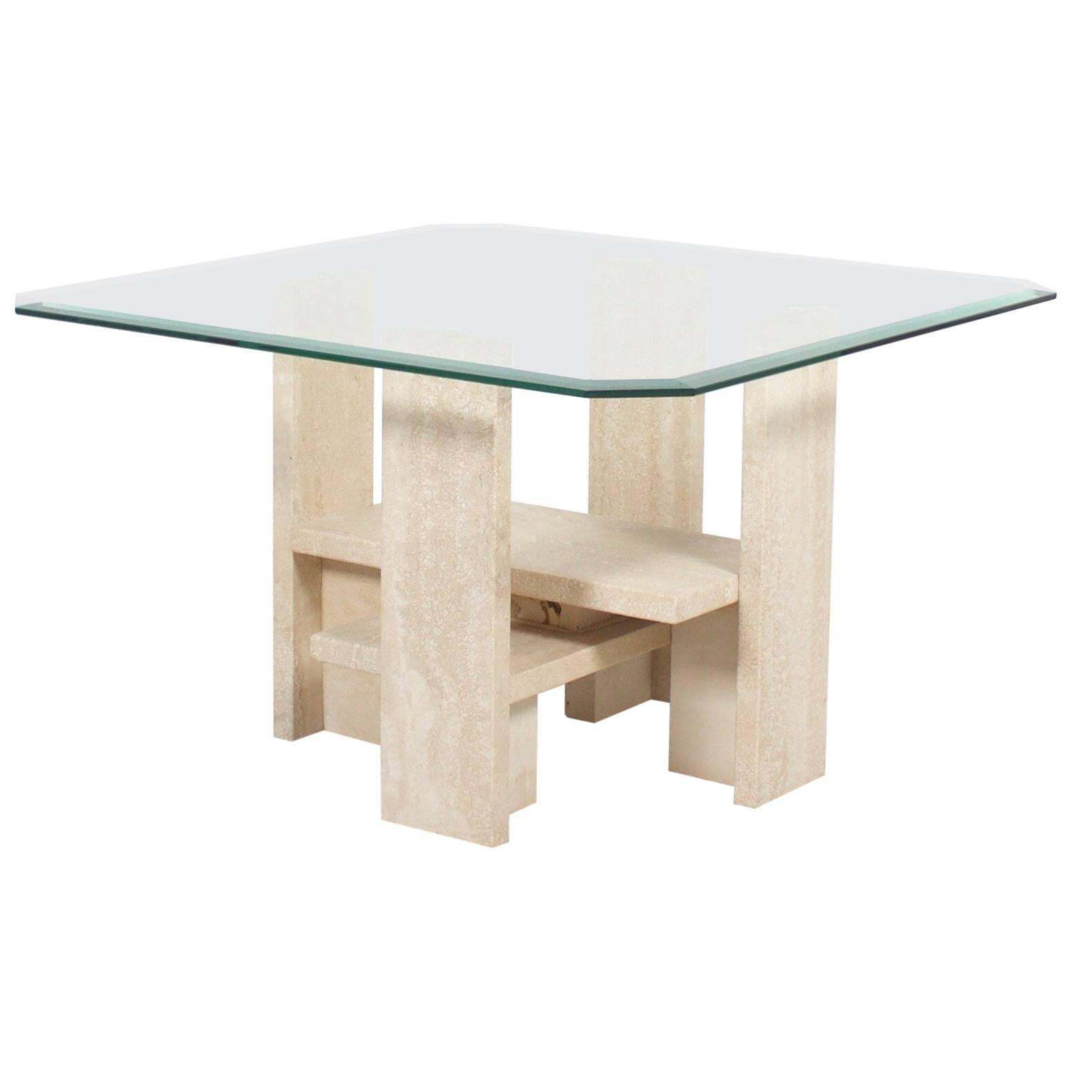 Willy Ballez Travertine And Glass End Table, Belgium