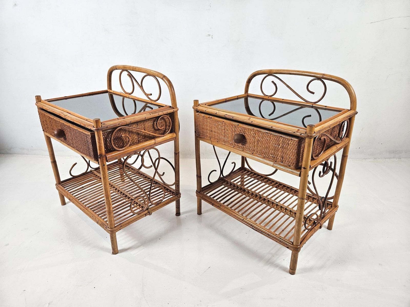 Pair Of Vintage Nightstands In Bamboo photo vinterior
