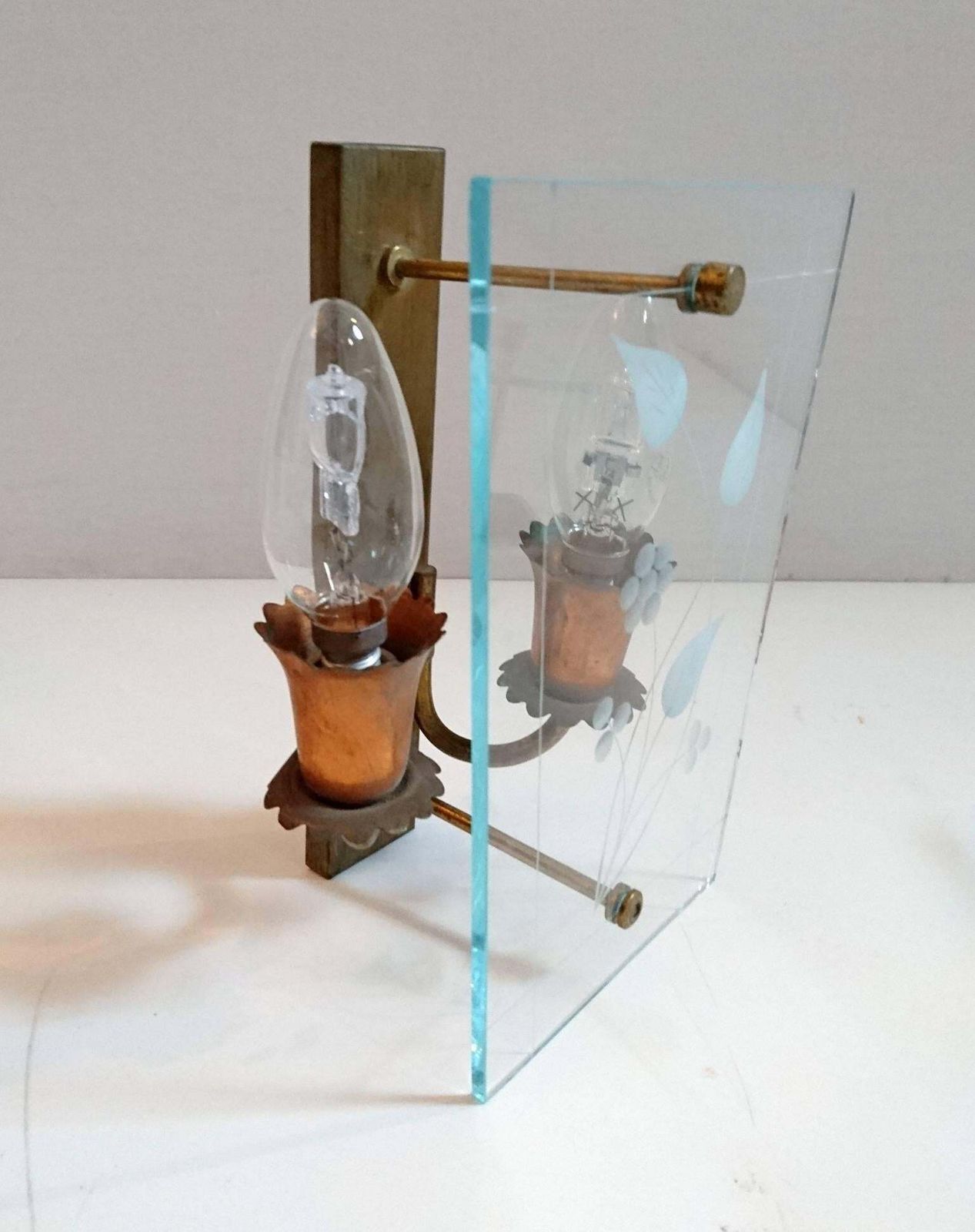 Pair Of Midcentury Glass And Copper Wall Sconces, Made In Italy photo furniture