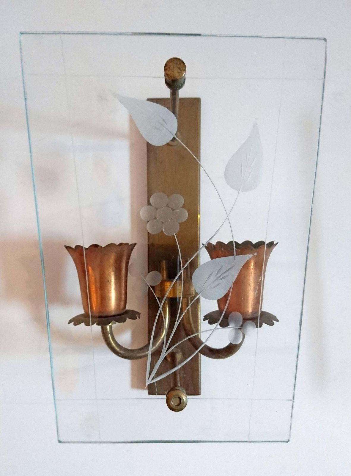 Pair Of Midcentury Glass And Copper Wall Sconces, Made In Italy photo for sale