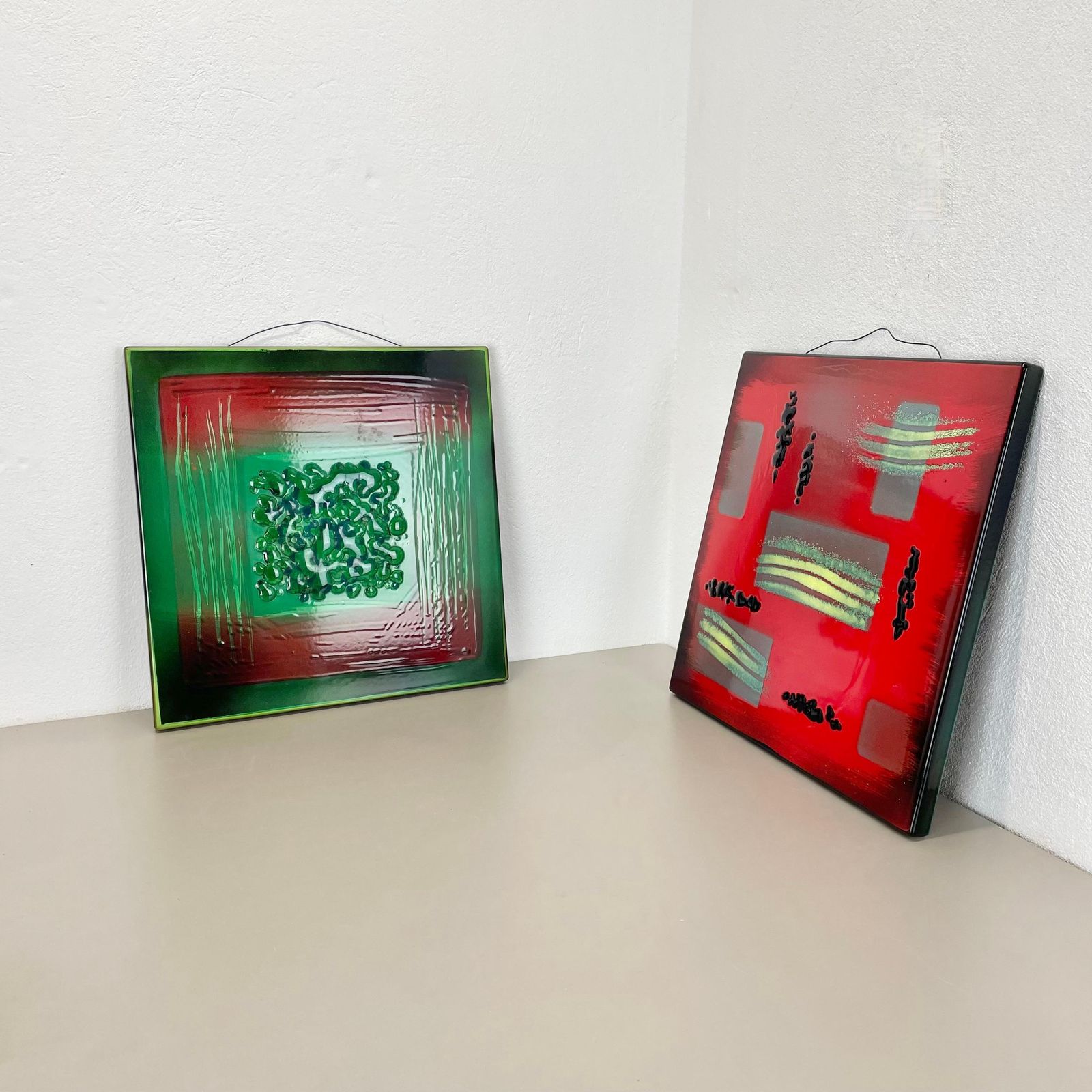 Unique Handmade Large 40x40cm West German Enamel Metal Wall Plate "Green", 1980s photo furniture