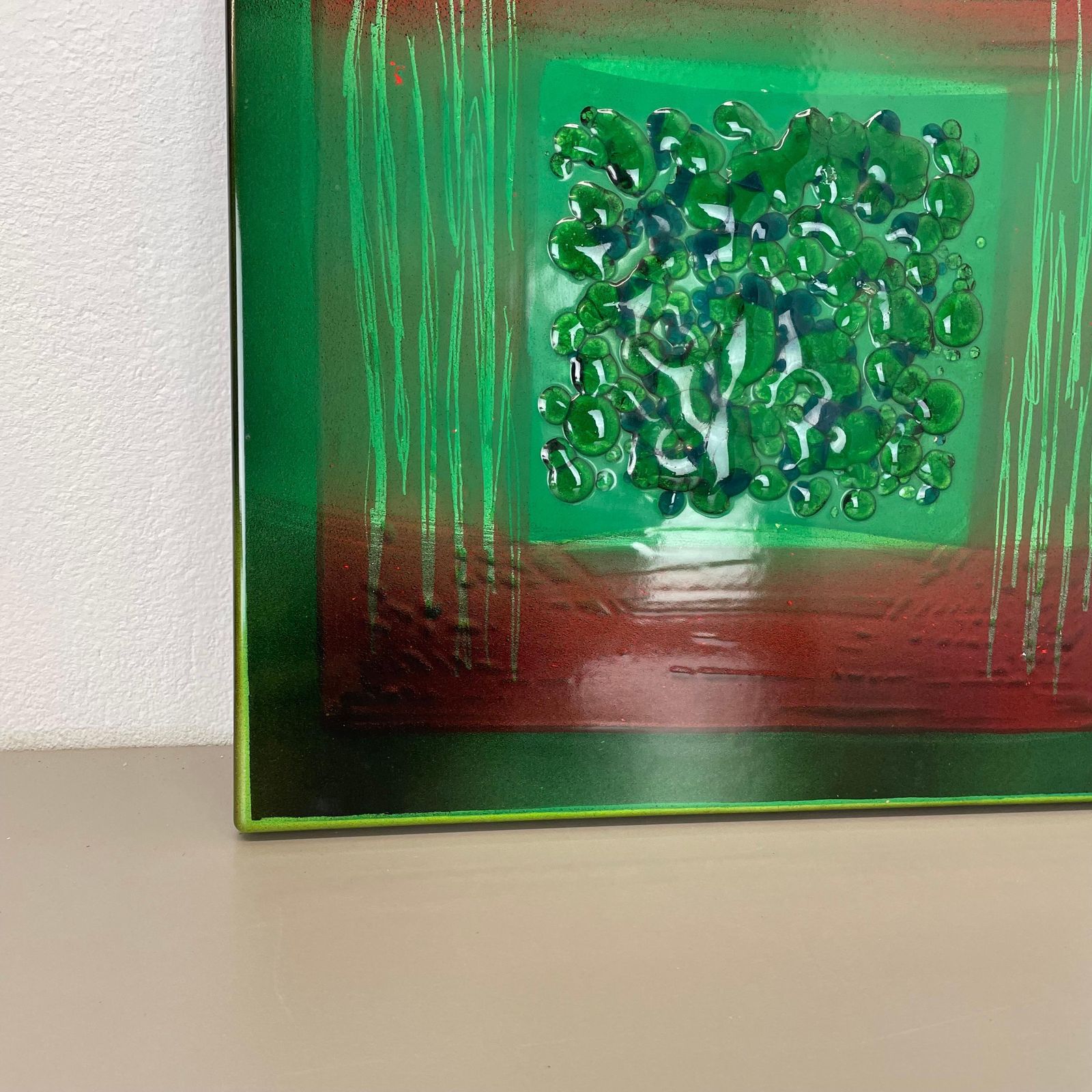 Unique Handmade Large 40x40cm West German Enamel Metal Wall Plate "Green", 1980s photo vintage