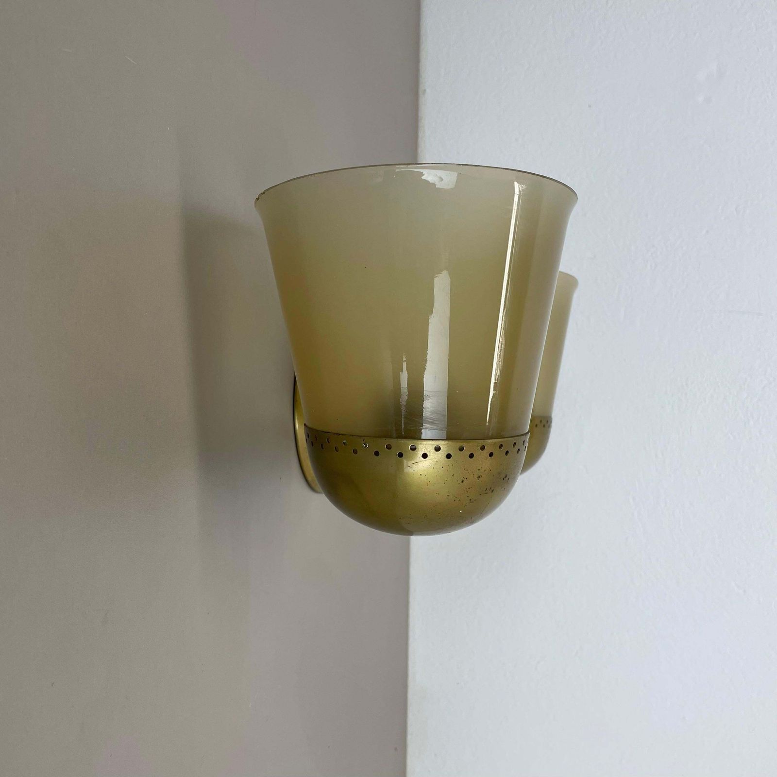 photo for sale Rare Minimalist Brass And Glass Theatre Wall Light In Stilnovo Style Italy 1920s
