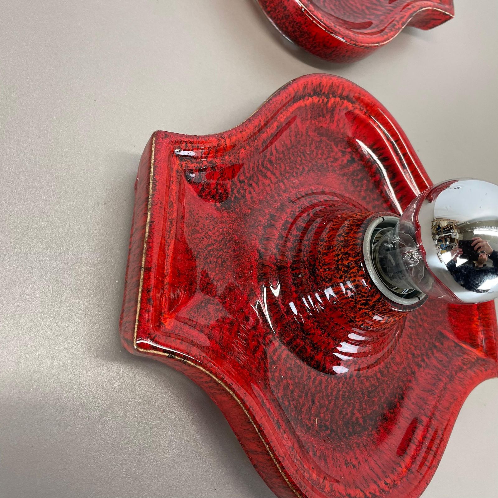 Lighting Set Of Two Red Ceramic Fat Lava Wall Lights By Hustadt Lights Germany 1970s photo