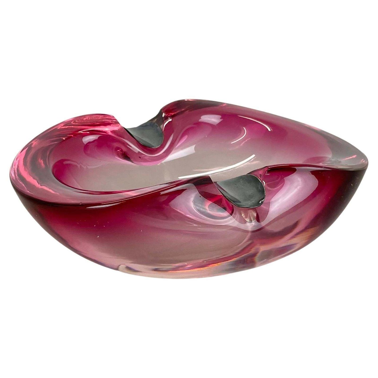 Large Pink Murano Bubble Glass Bowl Ashtray W/ Sterling Silver 925, Italy, 1970s