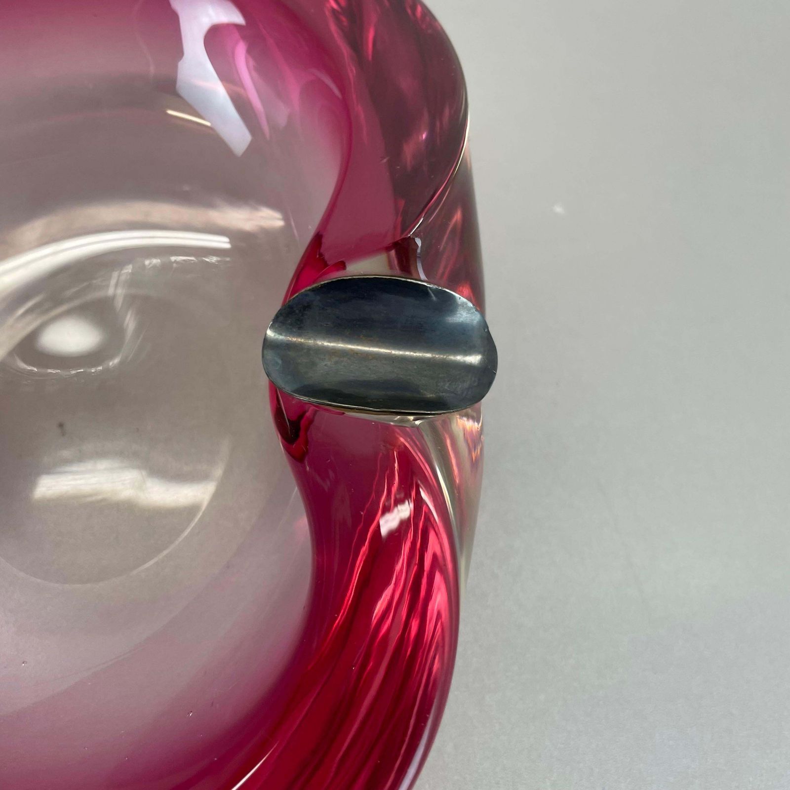 666.0 Large Pink Murano Bubble Glass Bowl Ashtray W/ Sterling Silver 925, Italy, 1970s photo