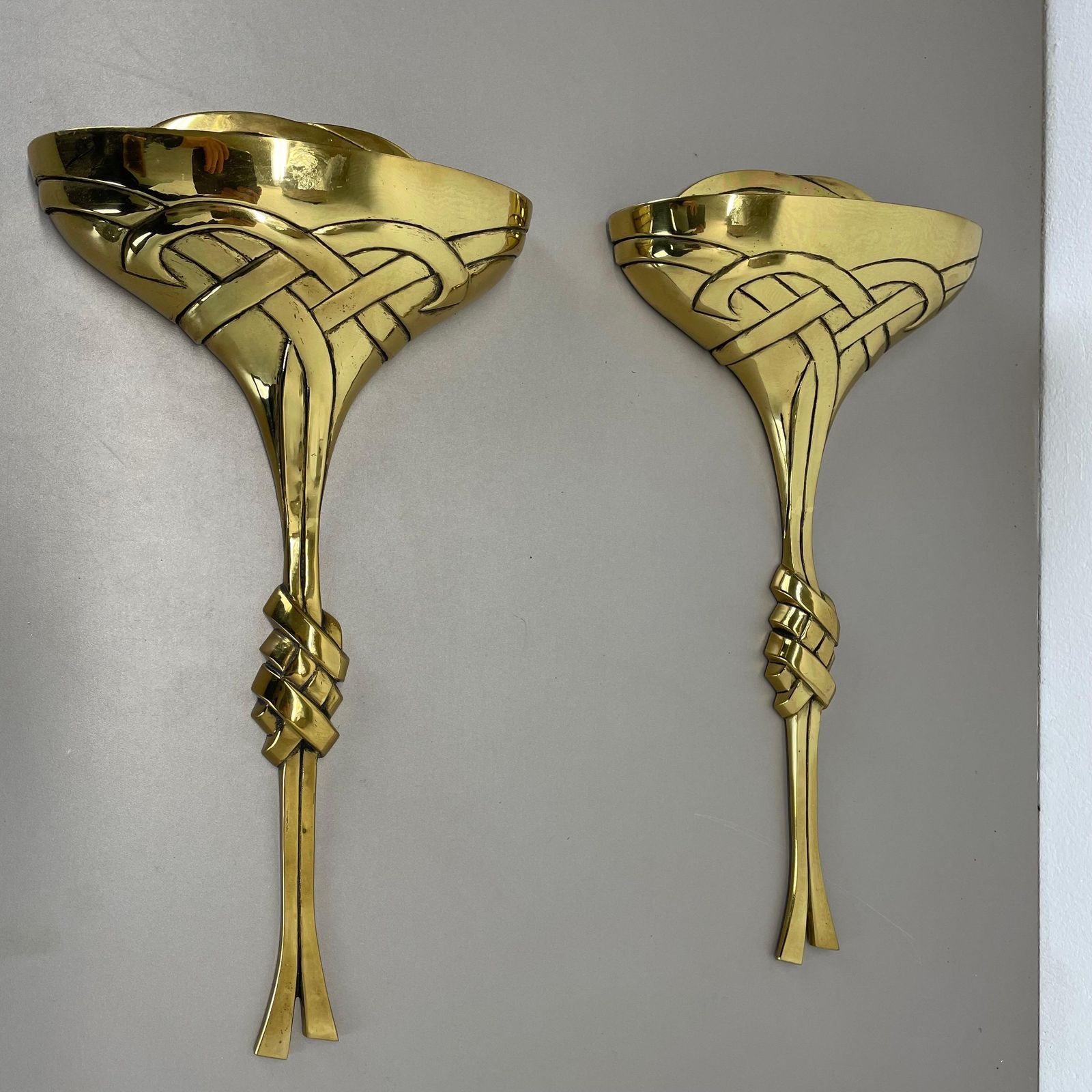 Set Of 2 Xxl 48cm Floral Brass Wall Light Sconces By C.S. Arte, Italy 1980s photo for sale
