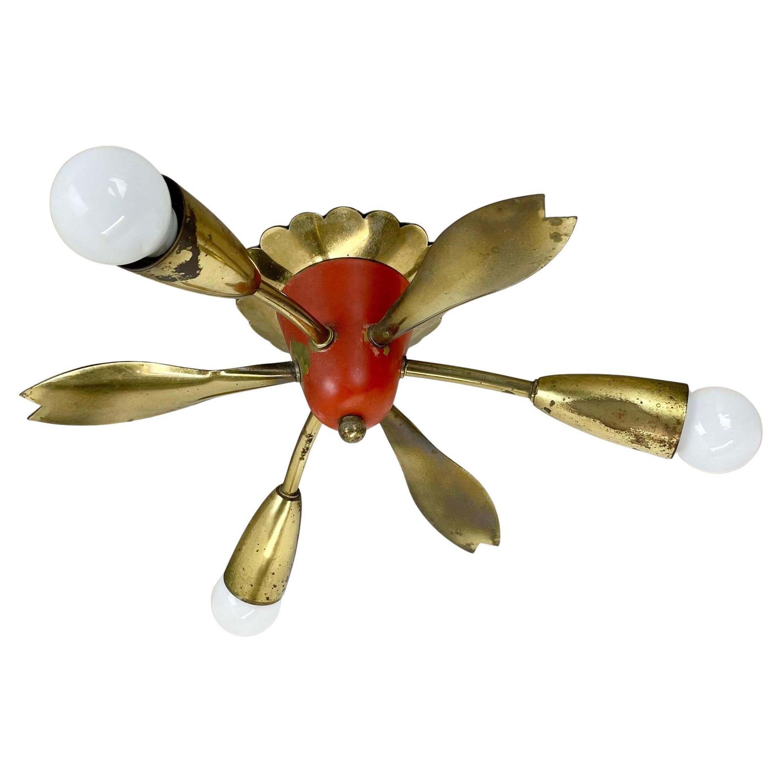 Unique 35cm Solid Brass Gino Sarfatti Style Ceiling Light Flushmount, Italy 1950