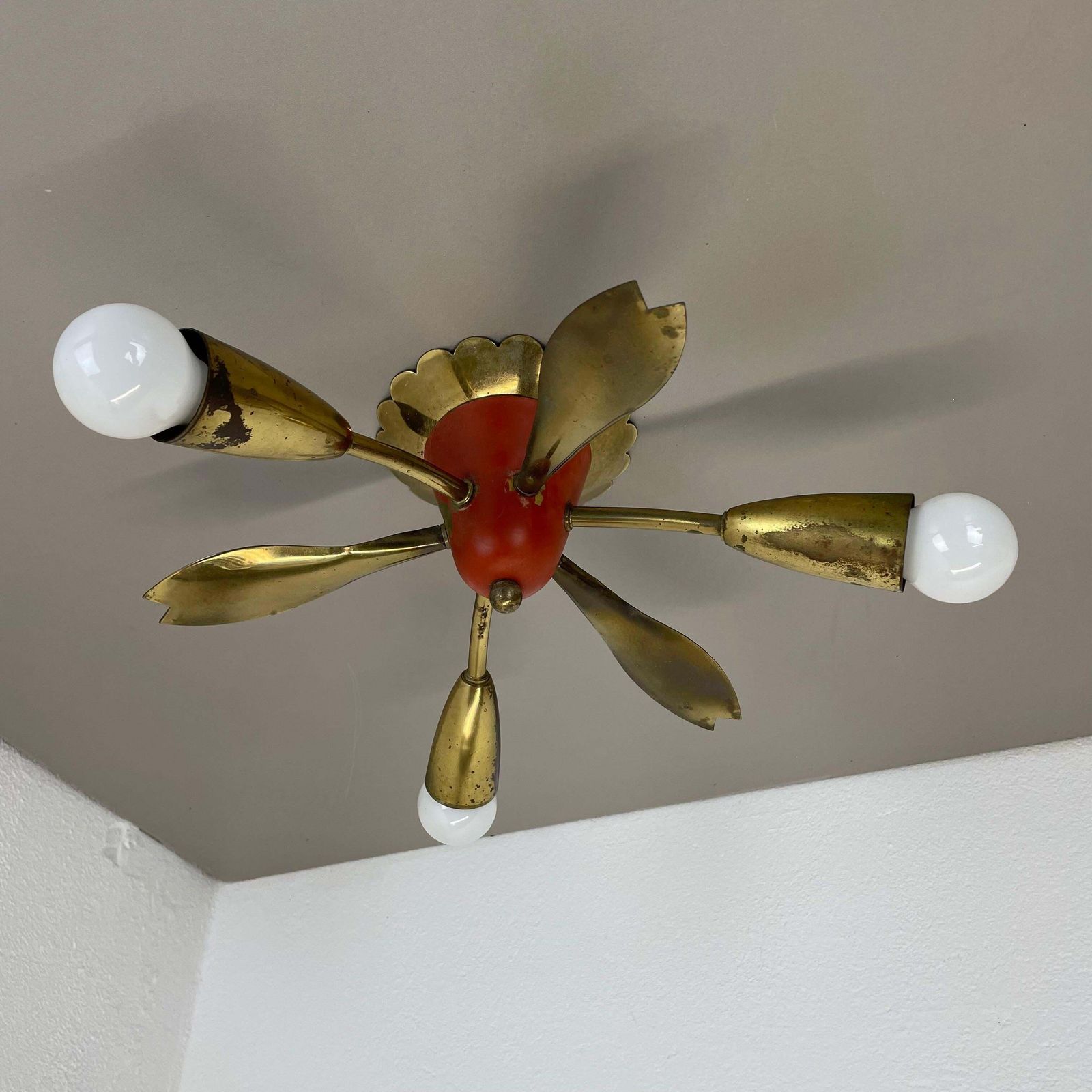 Unique 35cm Solid Brass Gino Sarfatti Style Ceiling Light Flushmount, Italy 1950 photo Lighting