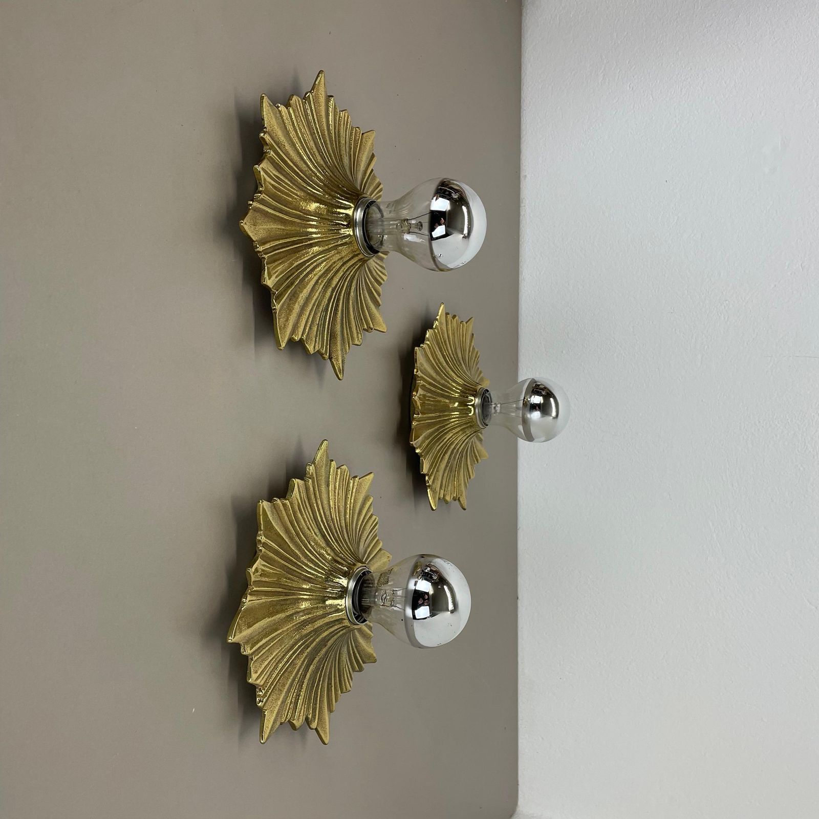 Set Of Three Brutalist Bronze Sunburst Wall Ceiling Light Sconces, Italy 1950s photo Lighting