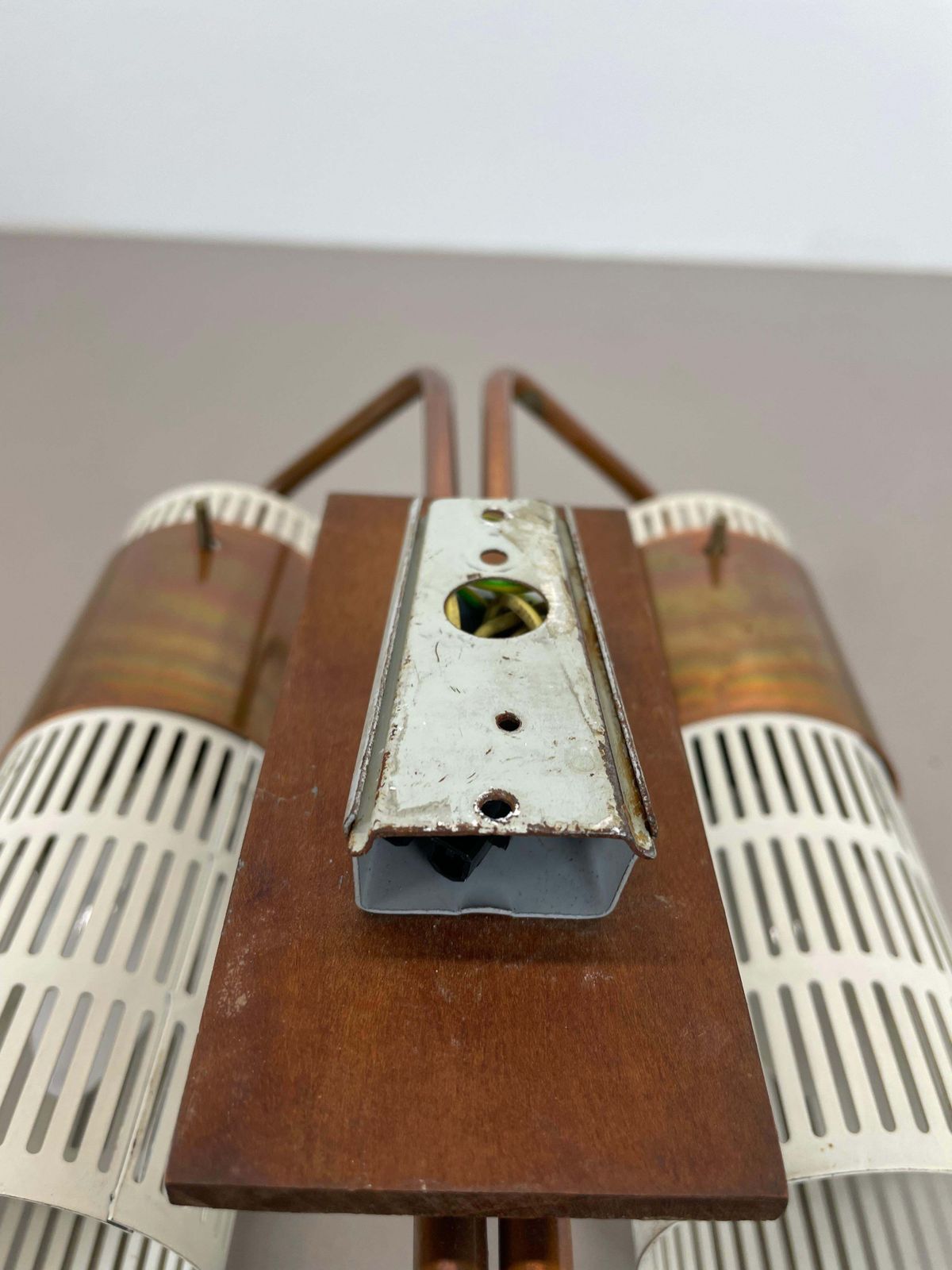 Minimalist Copper And Teak Tube Hole Pattern Wall Light, Denmark, 1970s photo 487.0