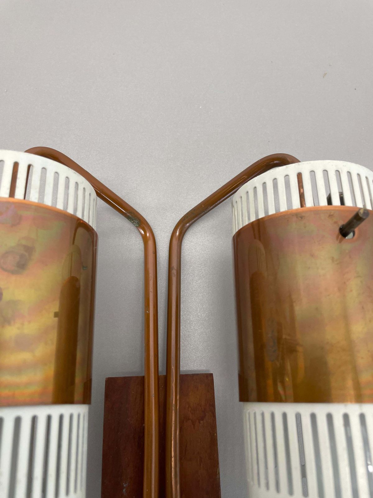 Minimalist Copper And Teak Tube Hole Pattern Wall Light, Denmark, 1970s photo buy
