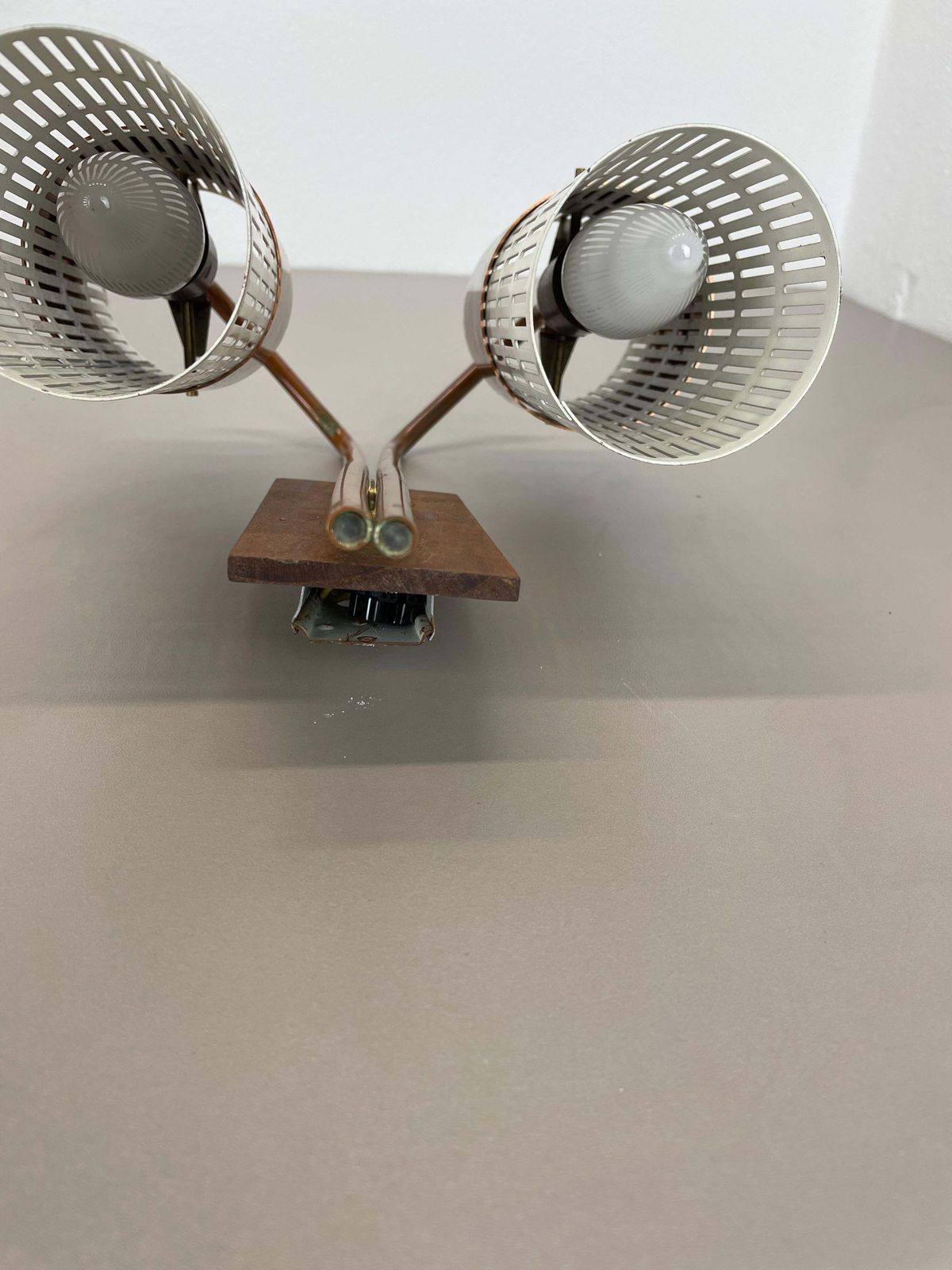 487.0 Minimalist Copper And Teak Tube Hole Pattern Wall Light, Denmark, 1970s photo