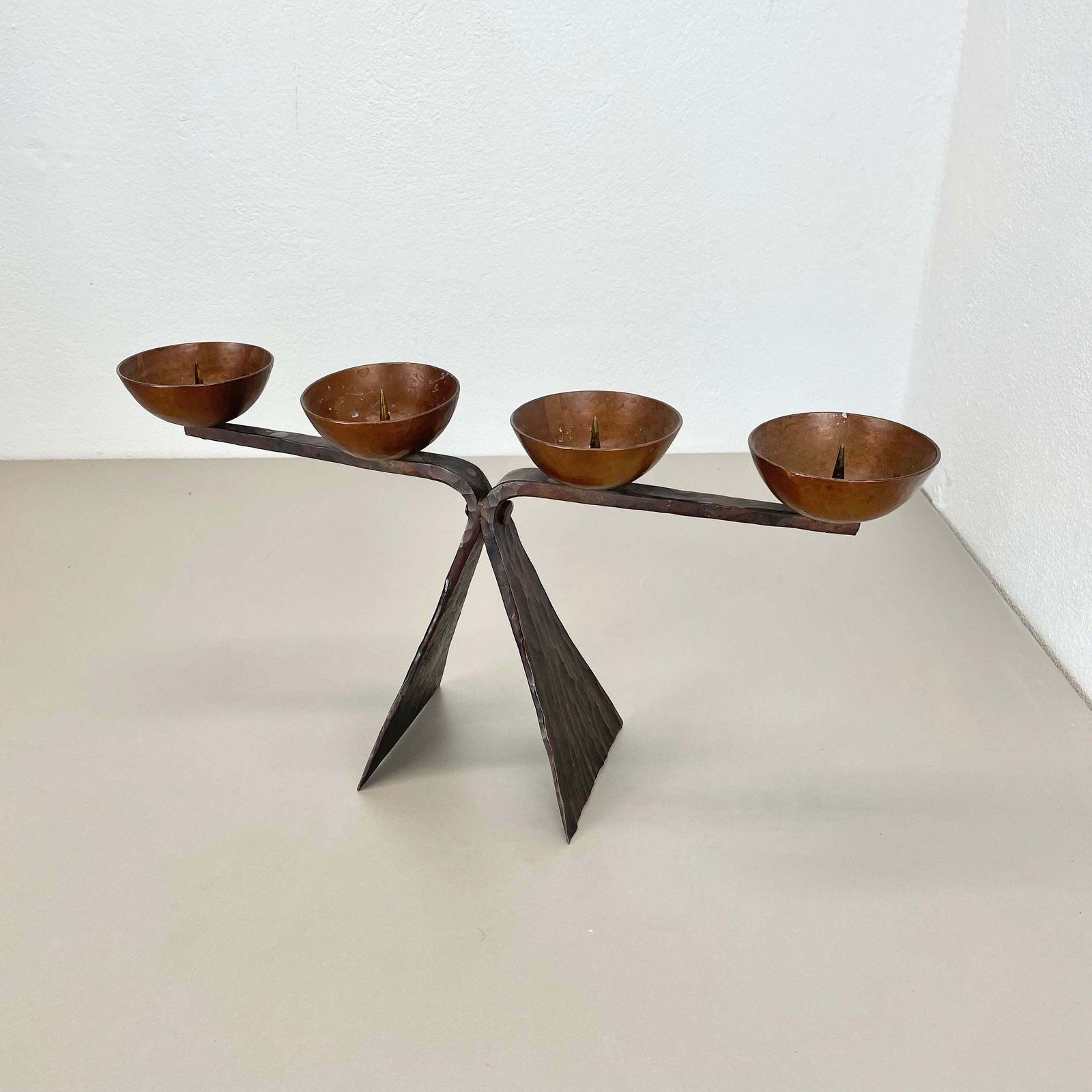 44cm Modernist Auböck Style Brutalist Copper Metal Candleholder, Austria 1950s photo for sale