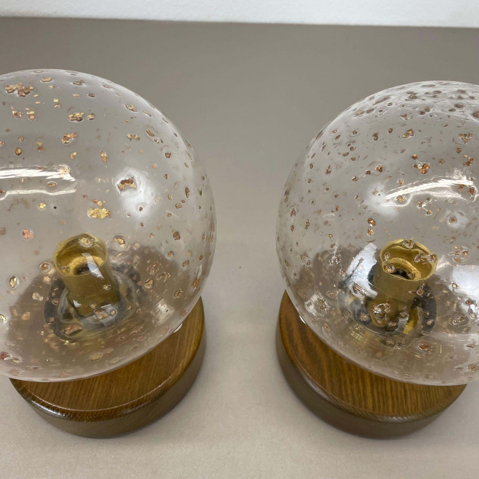 Set Of 2 Glass Ball And Oak Wooden Table Lights By Temde Lights, Germany 1970s photo 650.0