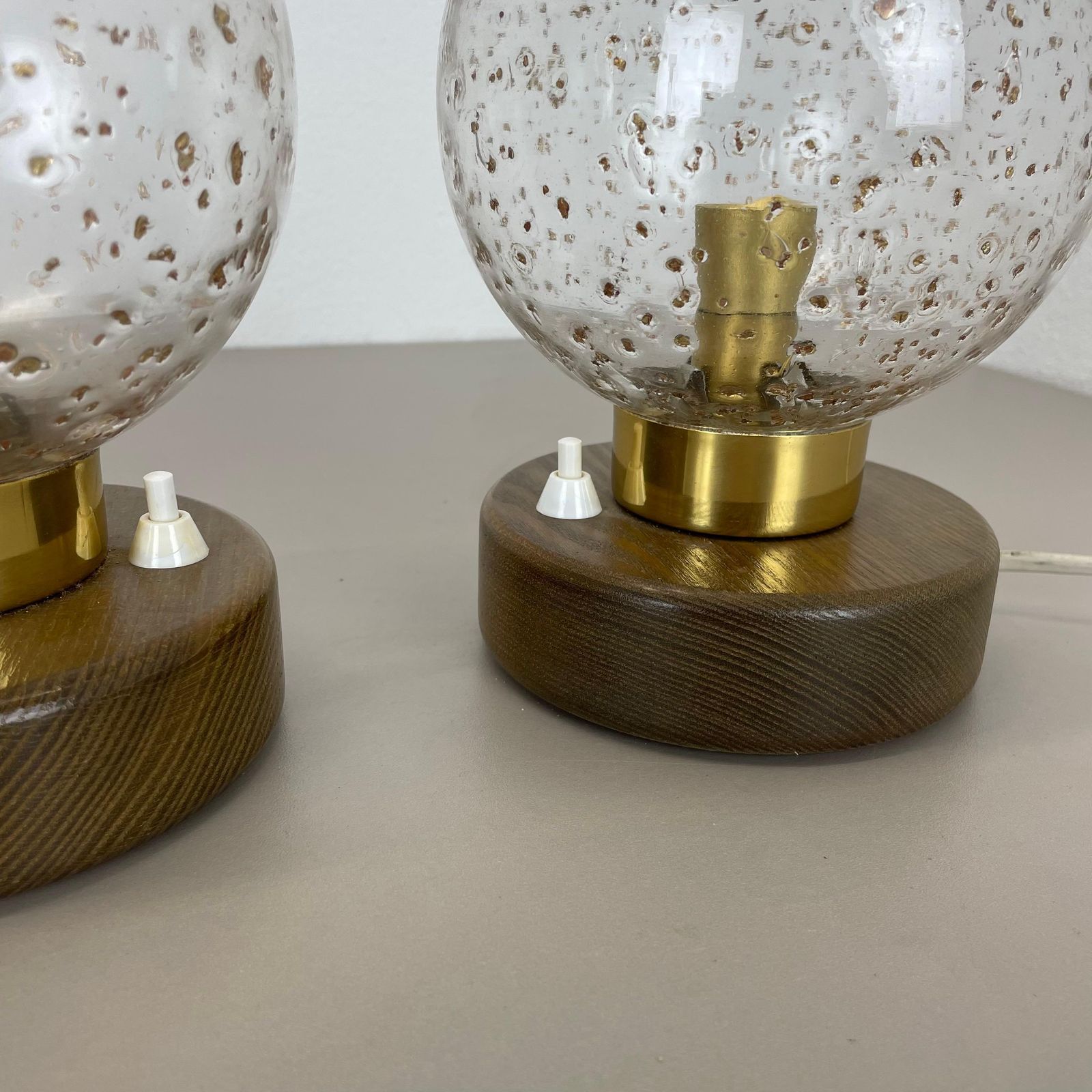 photo furniture Set Of 2 Glass Ball And Oak Wooden Table Lights By Temde Lights, Germany 1970s