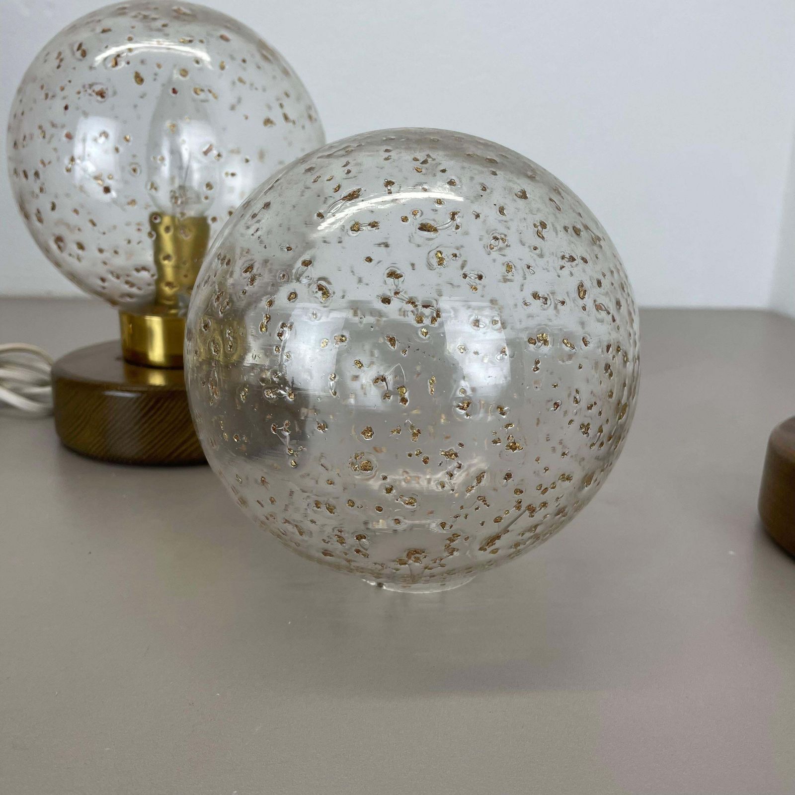 650.0 Set Of 2 Glass Ball And Oak Wooden Table Lights By Temde Lights, Germany 1970s photo