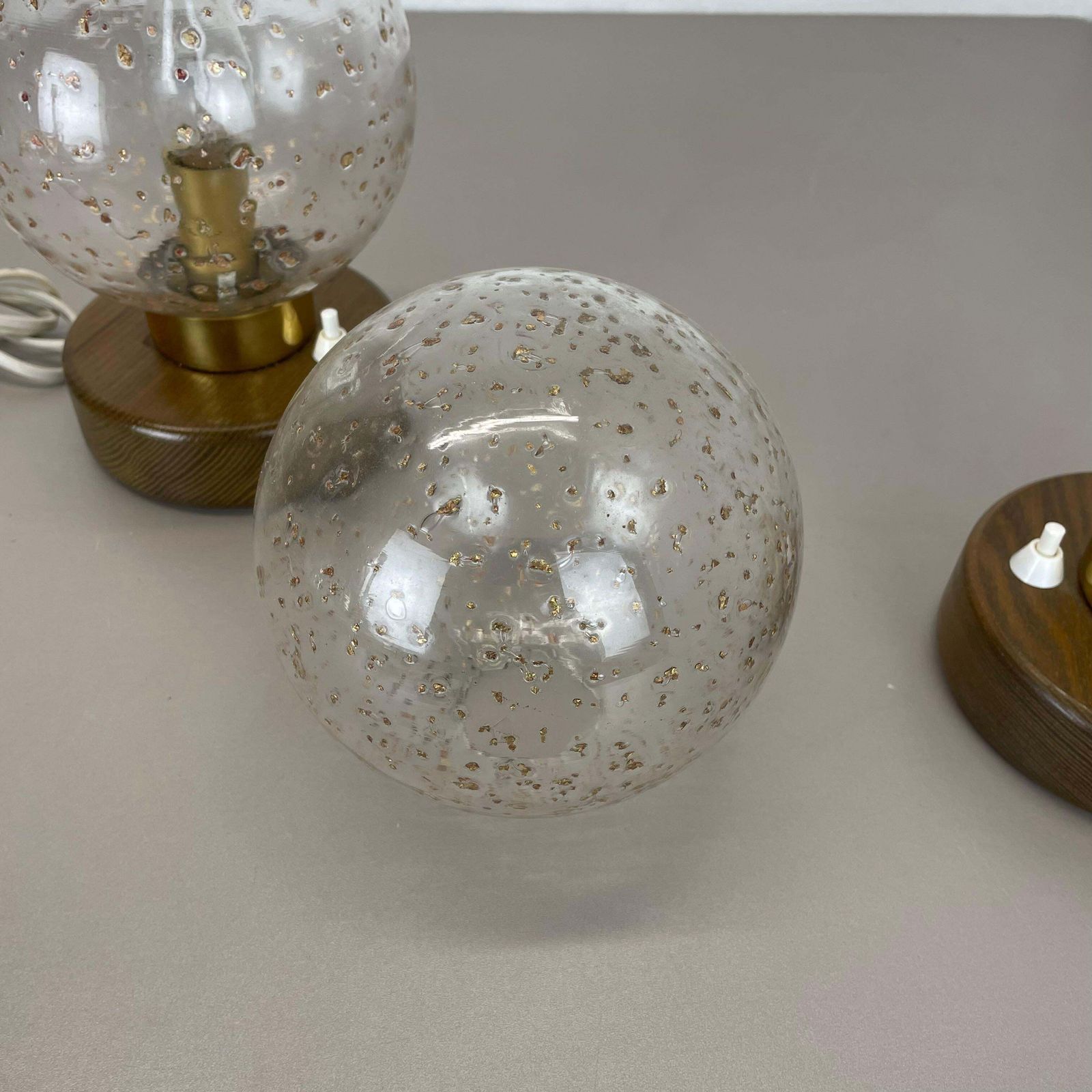 photo buy Set Of 2 Glass Ball And Oak Wooden Table Lights By Temde Lights, Germany 1970s